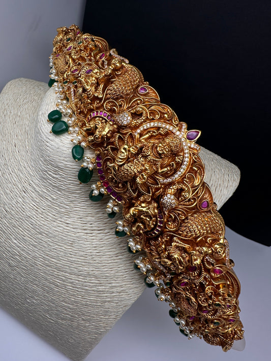 Matte Goddess Lakshmi Nakshi Hip Belt Kamarbandh with Kemp and CZ Green Beads - 