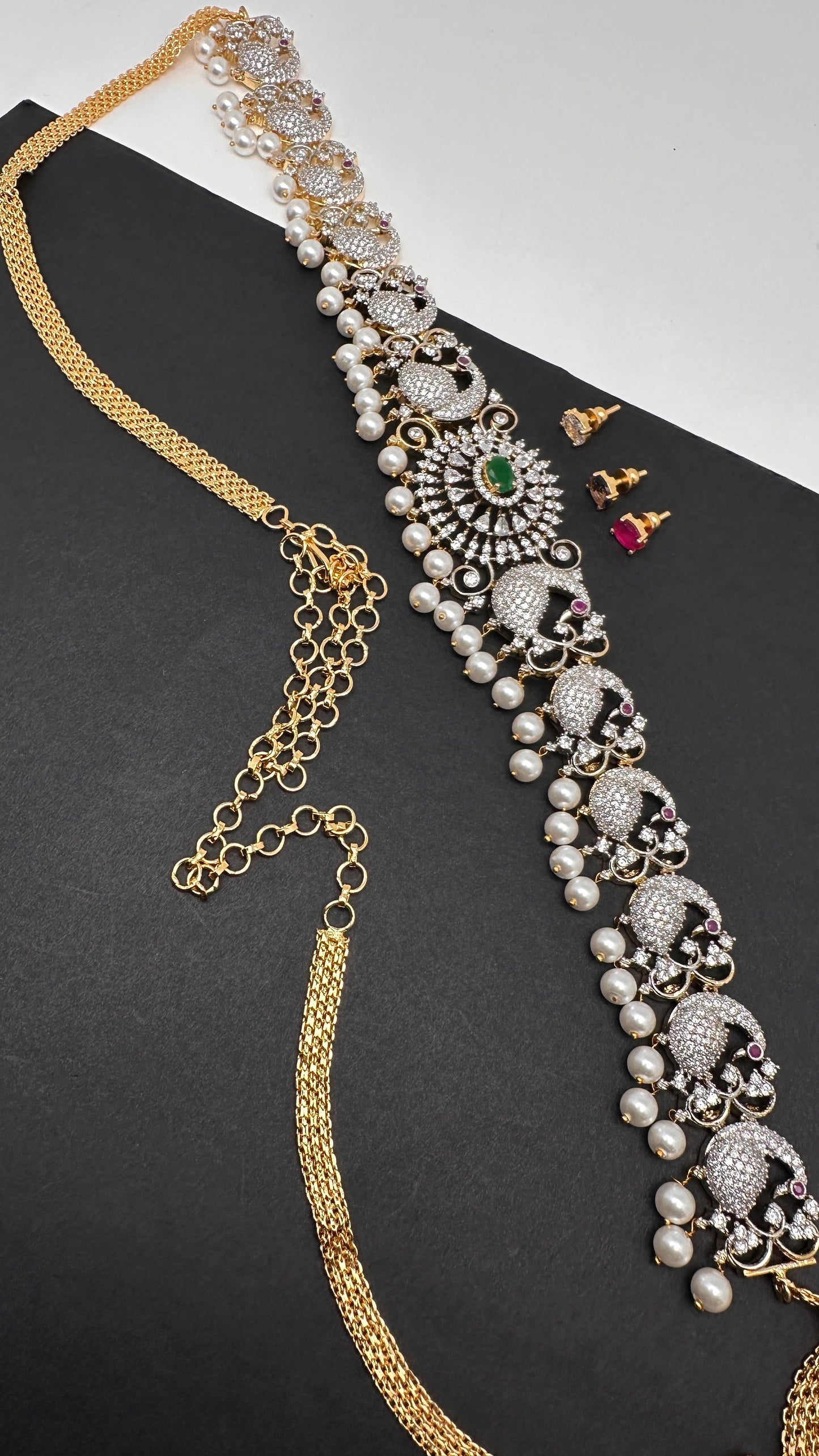 AD Diamond Changeable Color Stone Pearls Peacock Design Hip Chain Kamarbandh - 