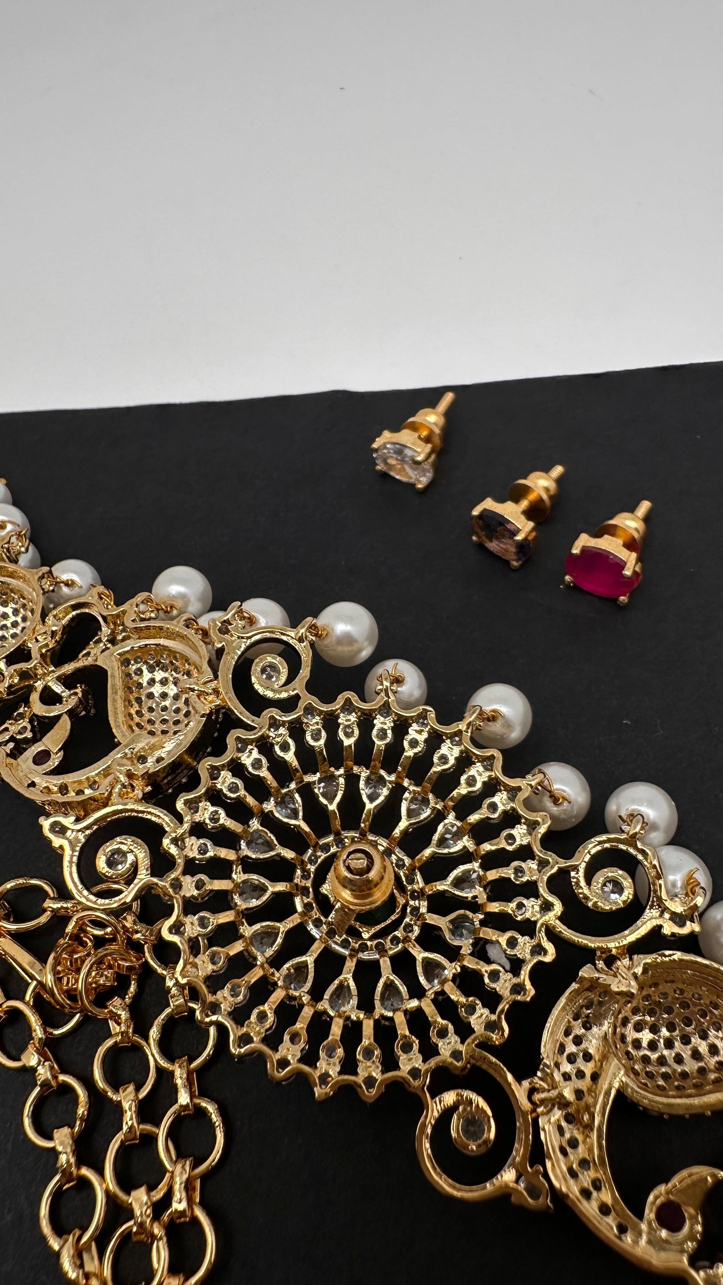 AD Diamond Changeable Color Stone Pearls Peacock Design Hip Chain Kamarbandh - 