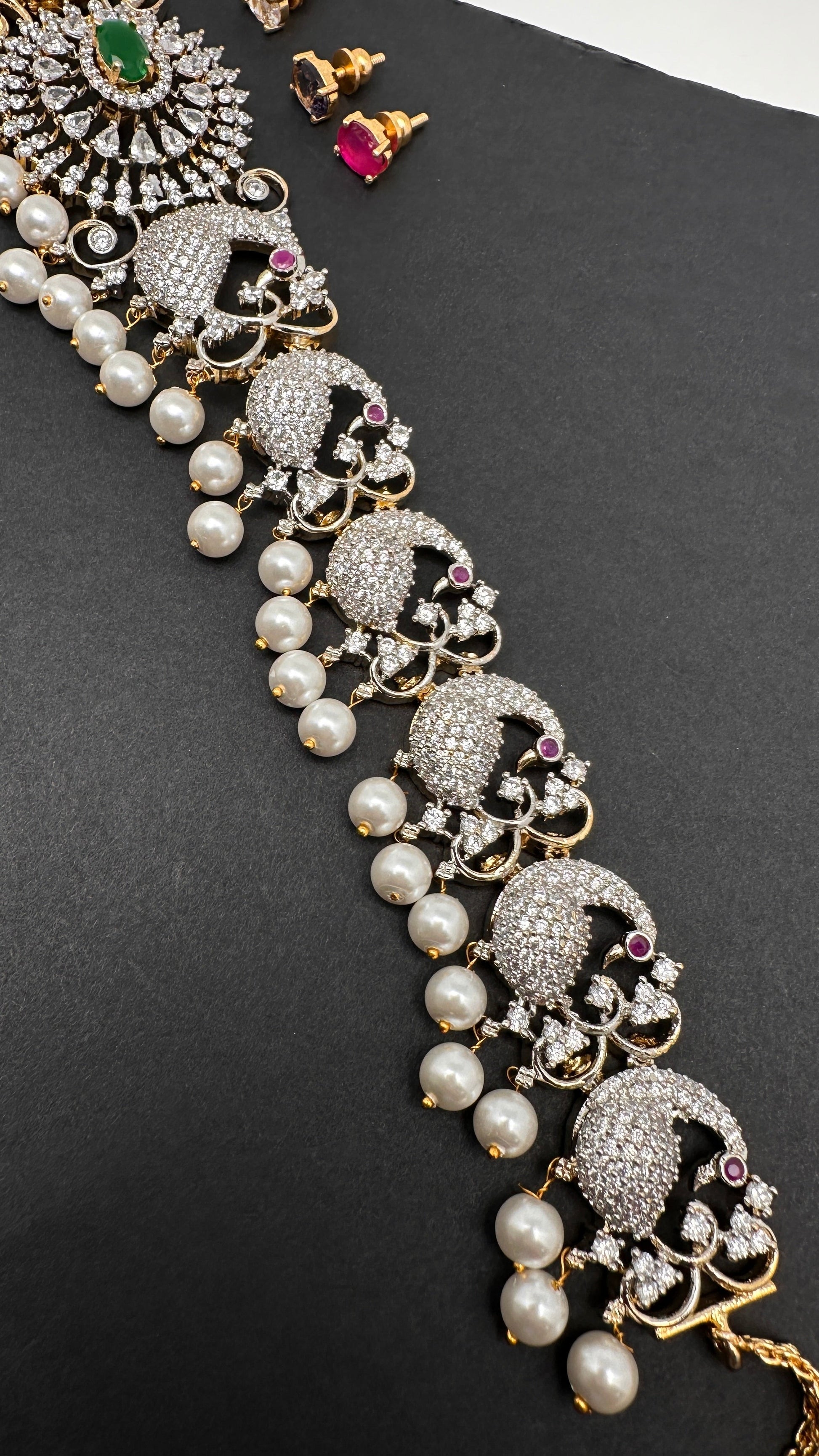 AD Diamond Changeable Color Stone Pearls Peacock Design Hip Chain Kamarbandh - 
