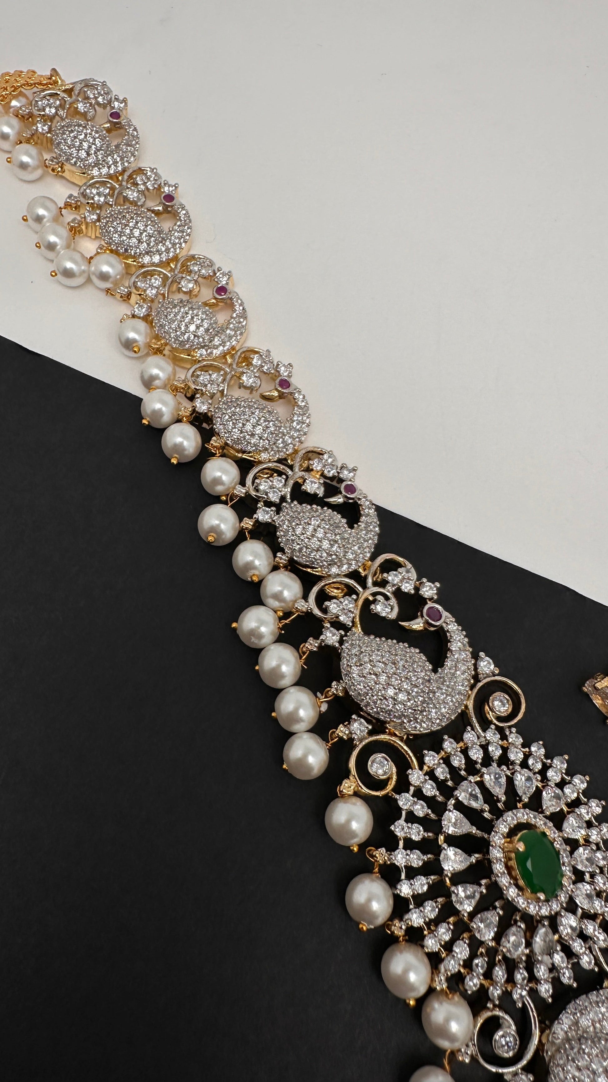 AD Diamond Changeable Color Stone Pearls Peacock Design Hip Chain Kamarbandh - 