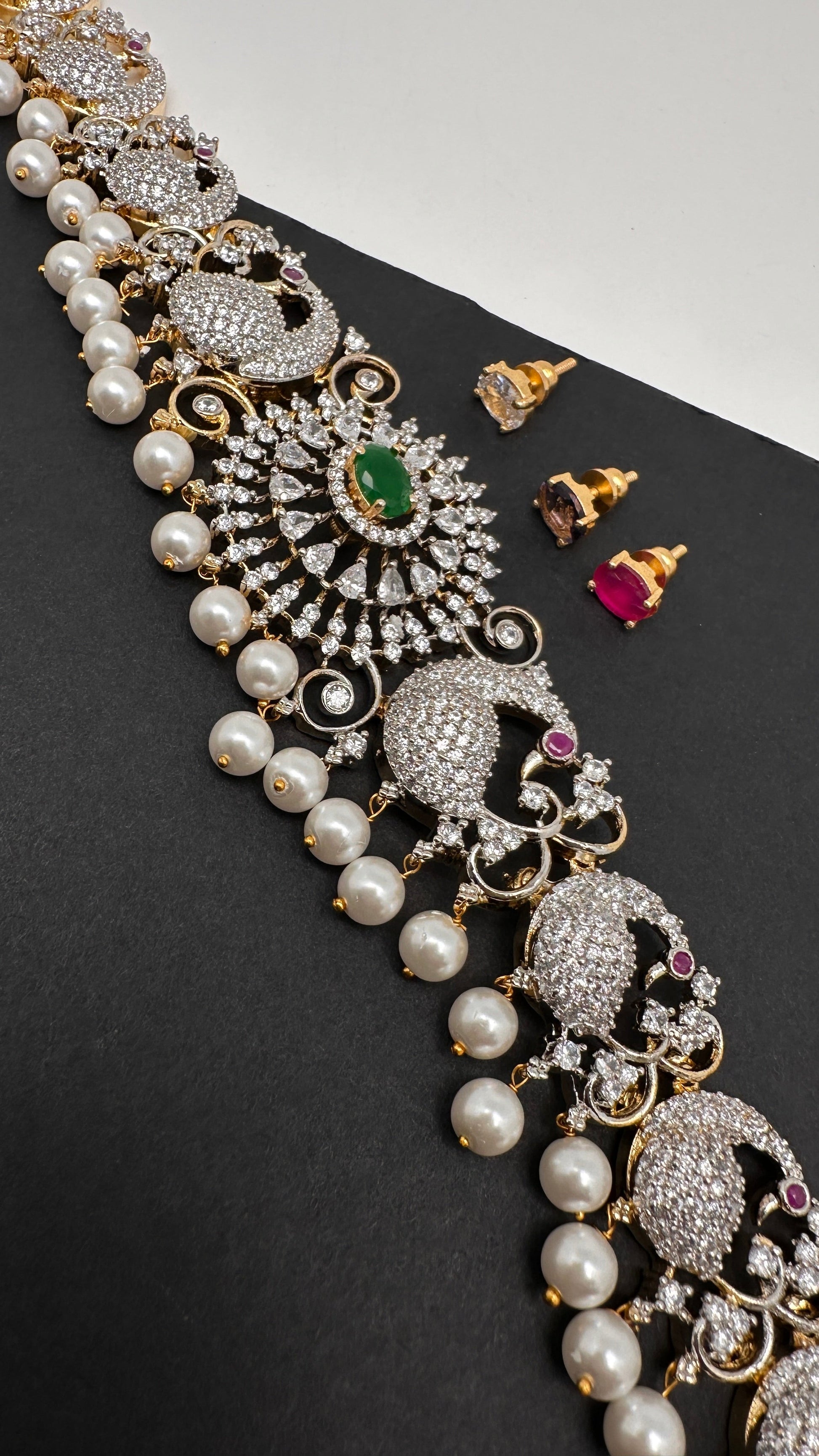 AD Diamond Changeable Color Stone Pearls Peacock Design Hip Chain Kamarbandh - 