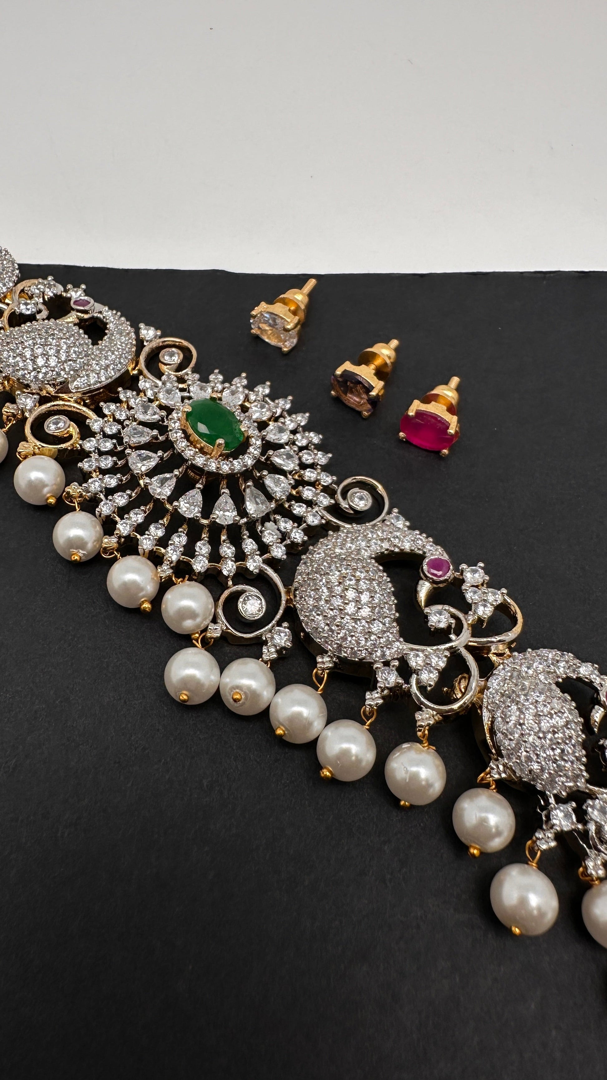 AD Diamond Changeable Color Stone Pearls Peacock Design Hip Chain Kamarbandh - 