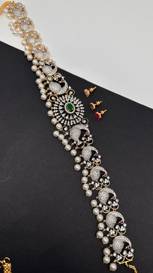 AD Diamond Changeable Color Stone Pearls Peacock Design Hip Chain Kamarbandh - 