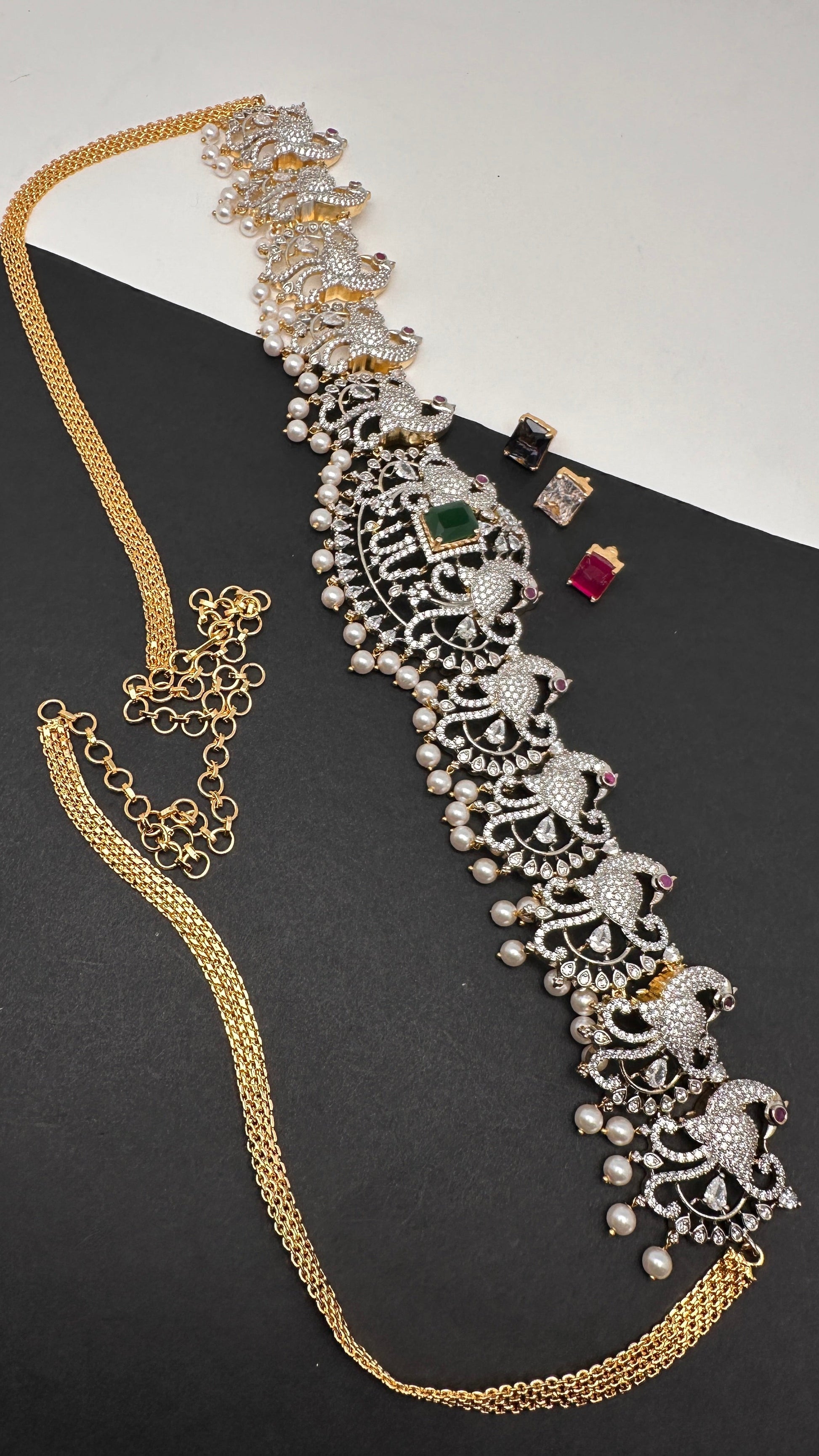 AD Diamond Changeable Color Stone Pearls Peacock Design Hip Chain Kamarbandh - 