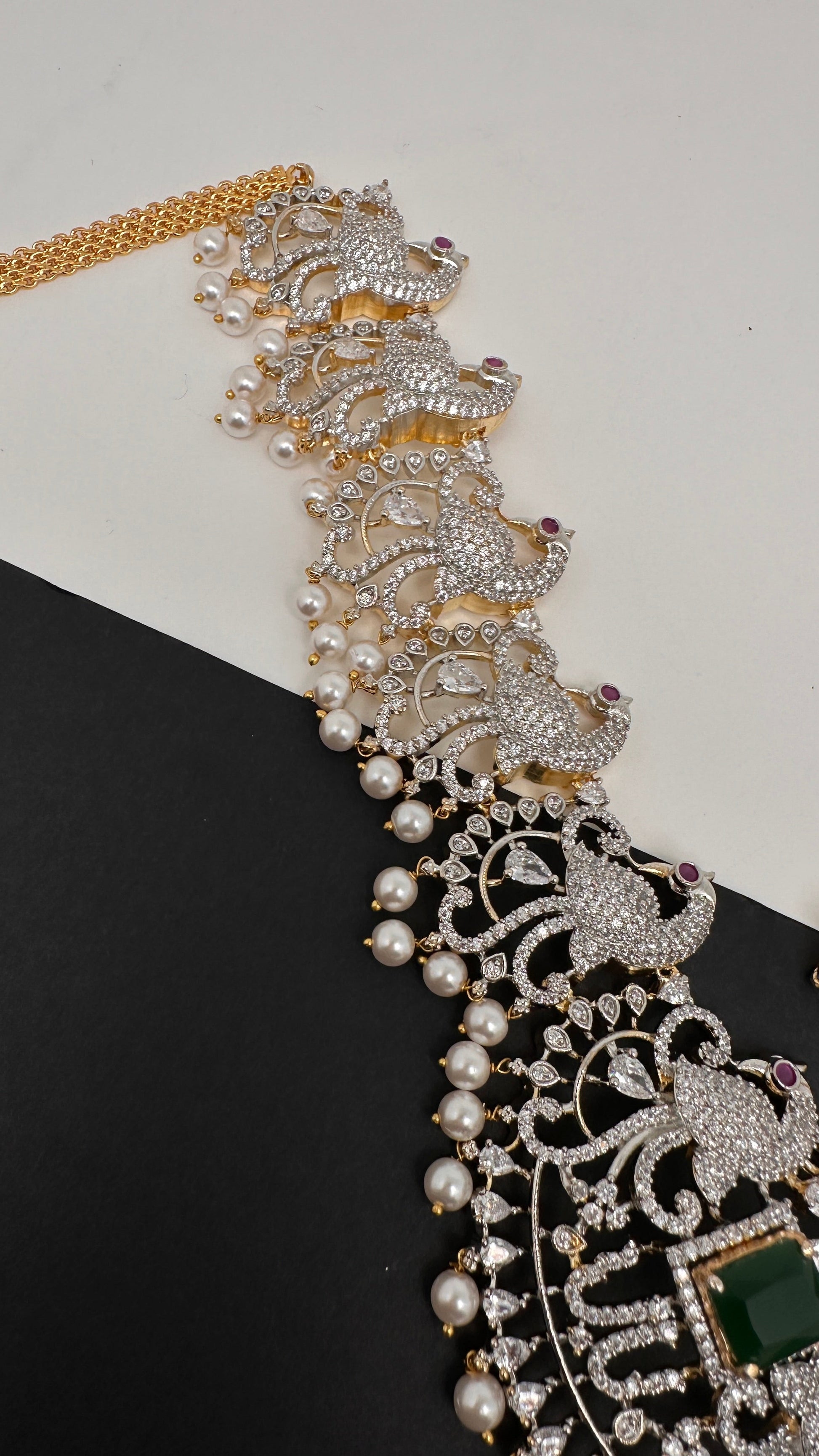 AD Diamond Changeable Color Stone Pearls Peacock Design Hip Chain Kamarbandh - 