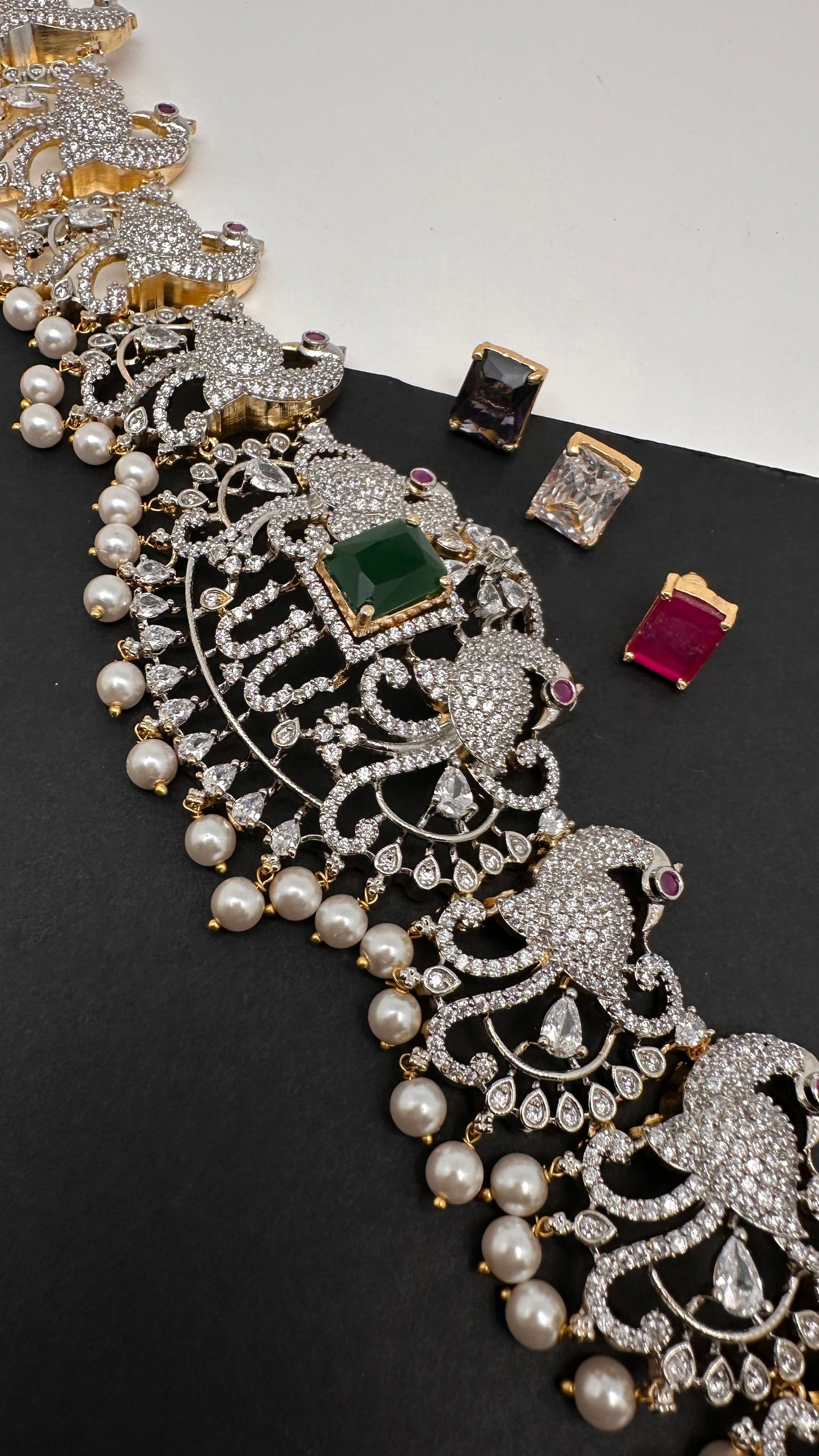 AD Diamond Changeable Color Stone Pearls Peacock Design Hip Chain Kamarbandh - 