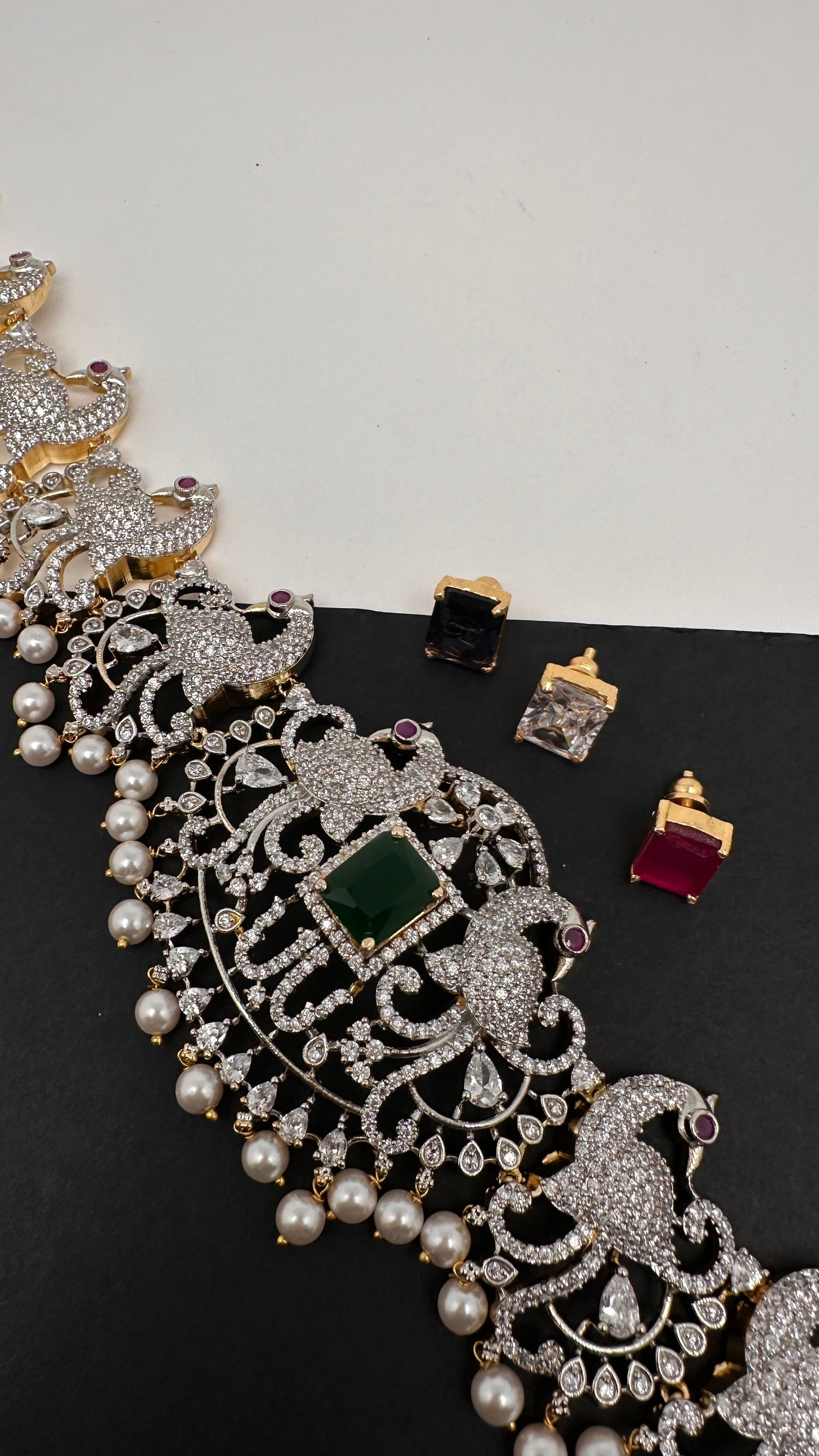 AD Diamond Changeable Color Stone Pearls Peacock Design Hip Chain Kamarbandh - 