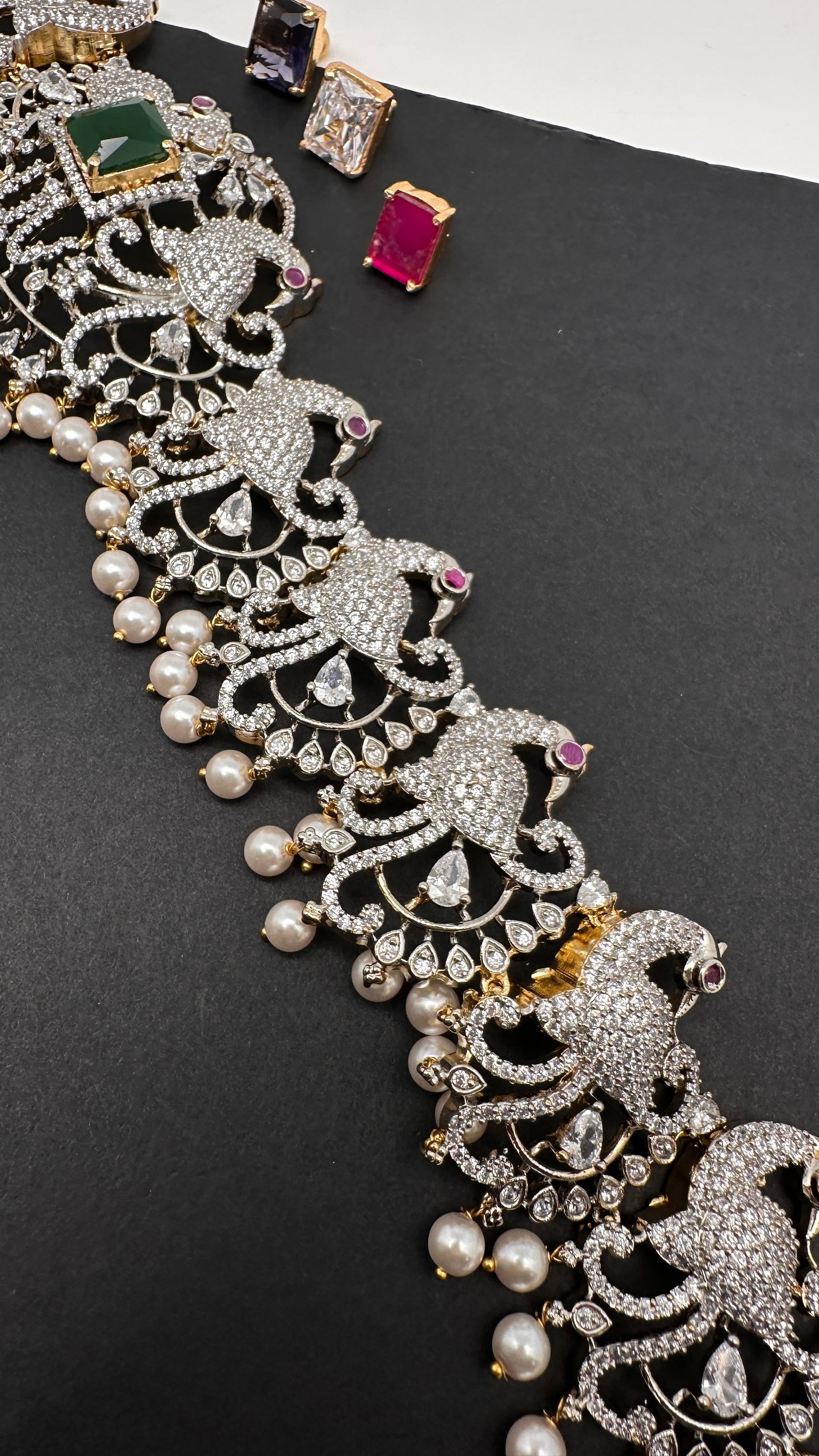 AD Diamond Changeable Color Stone Pearls Peacock Design Hip Chain Kamarbandh - 