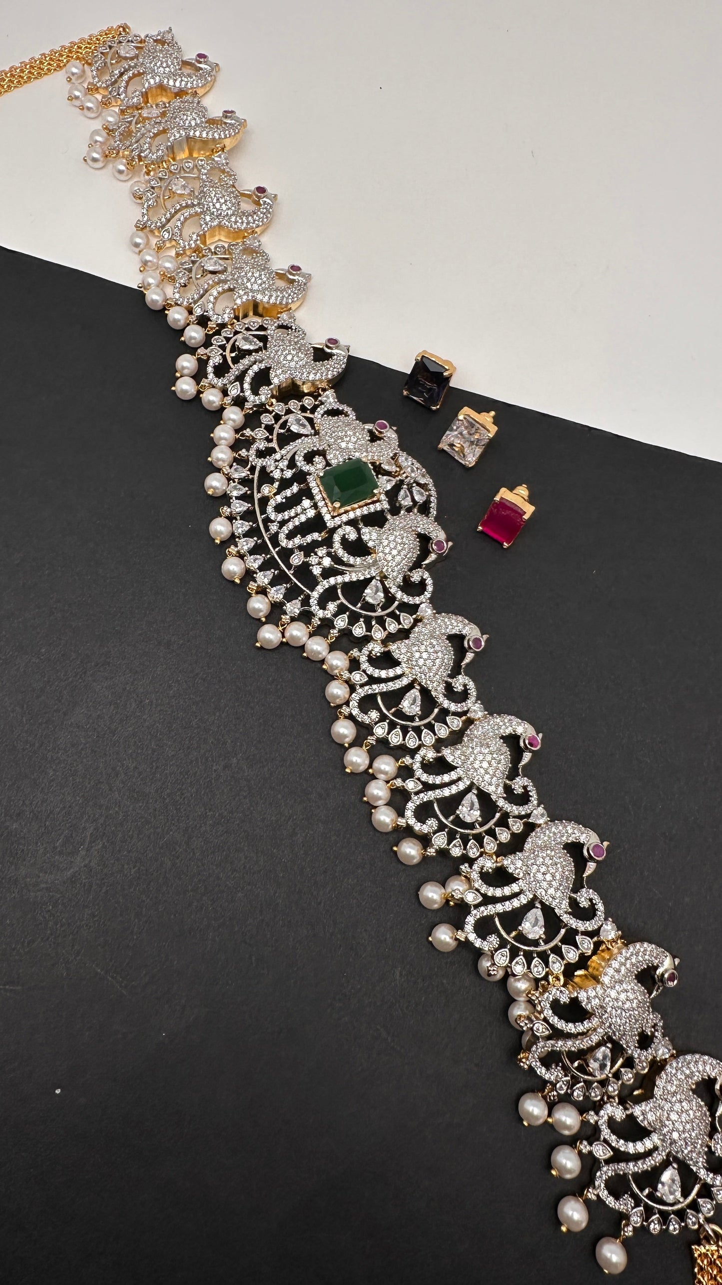 AD Diamond Changeable Color Stone Pearls Peacock Design Hip Chain Kamarbandh - 