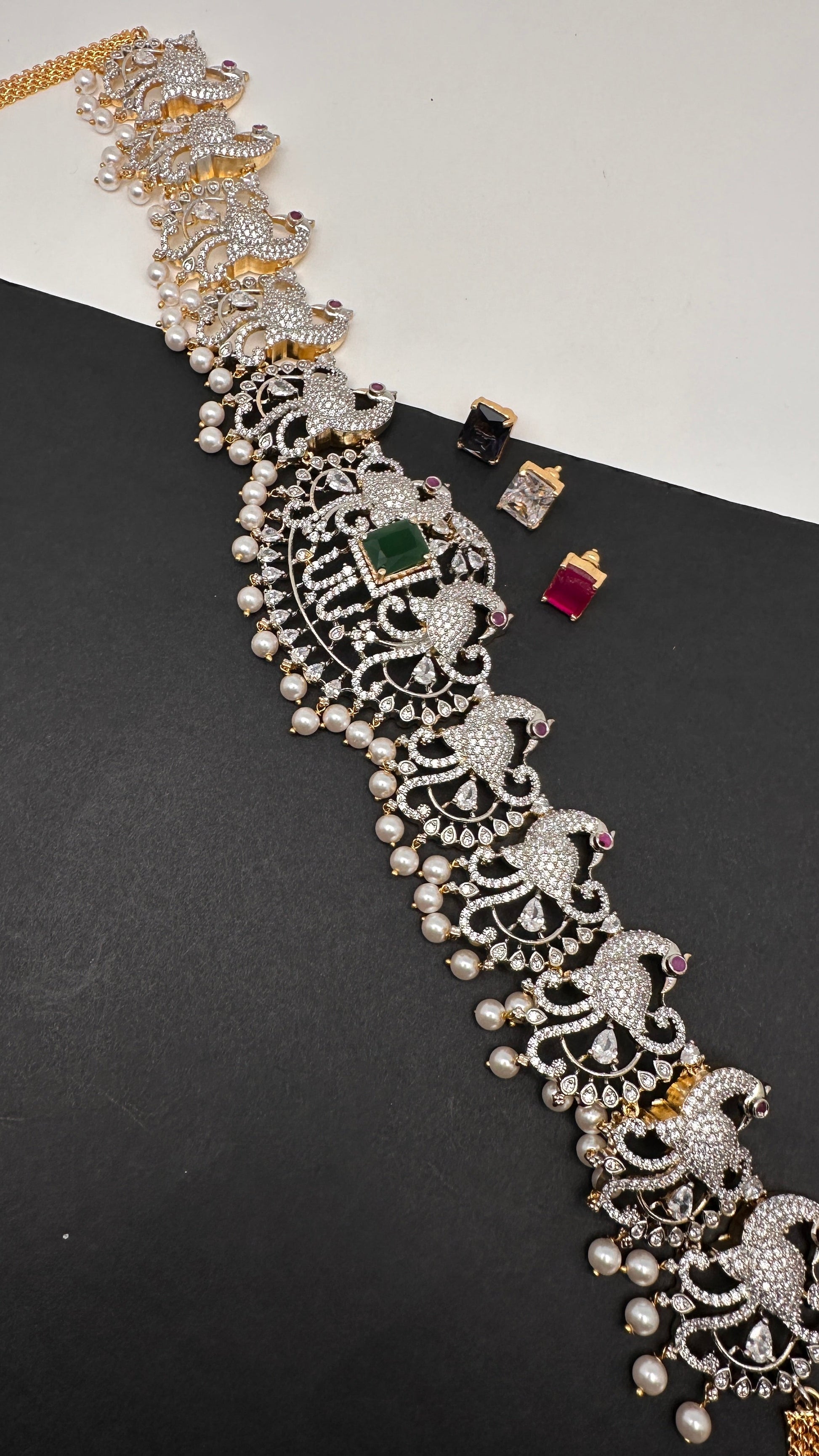 AD Diamond Changeable Color Stone Pearls Peacock Design Hip Chain Kamarbandh - 