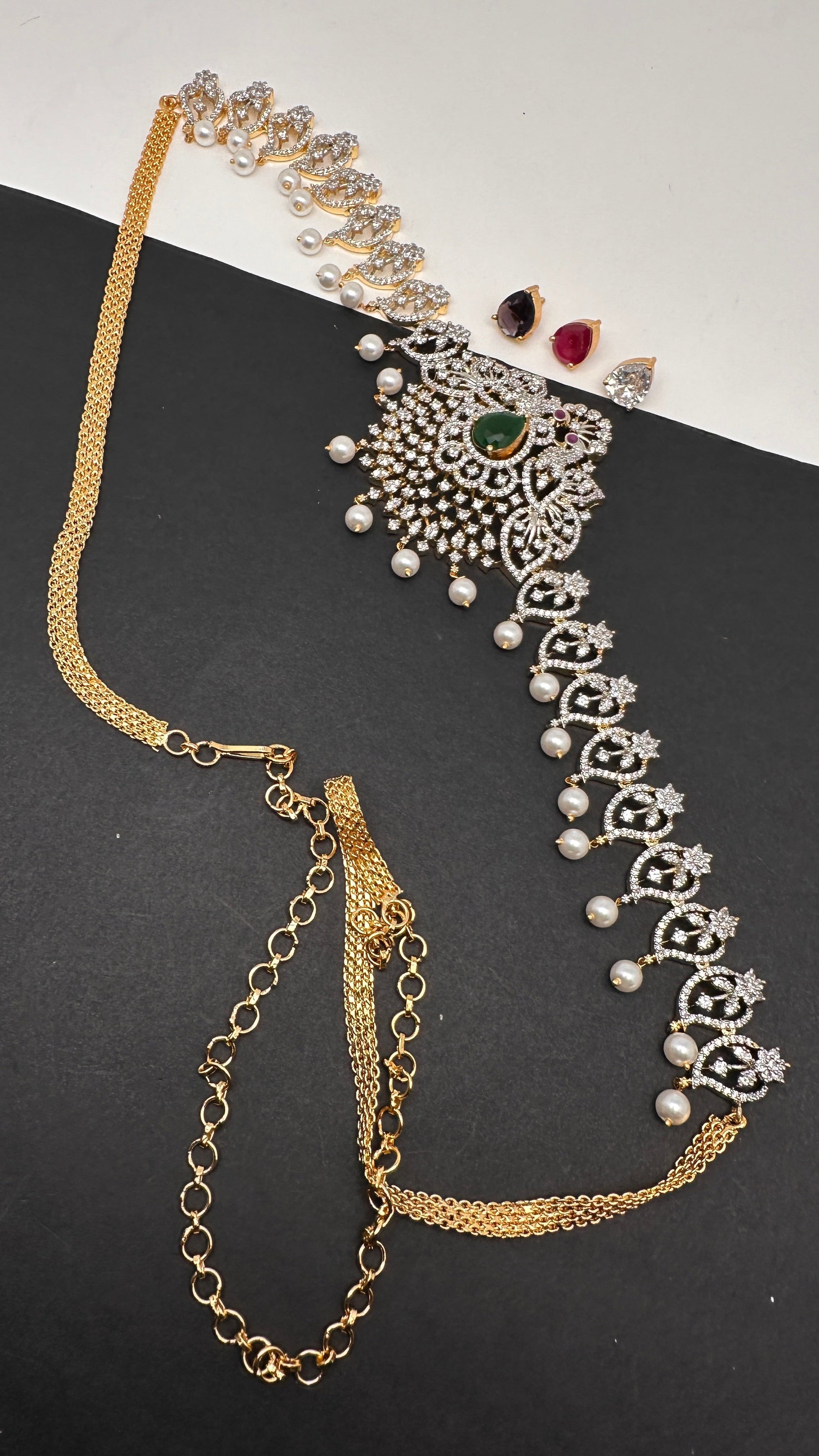 AD Peacock Changeable Color Stone Pearls Peacock Design Hip Chain Kamarbandh - 