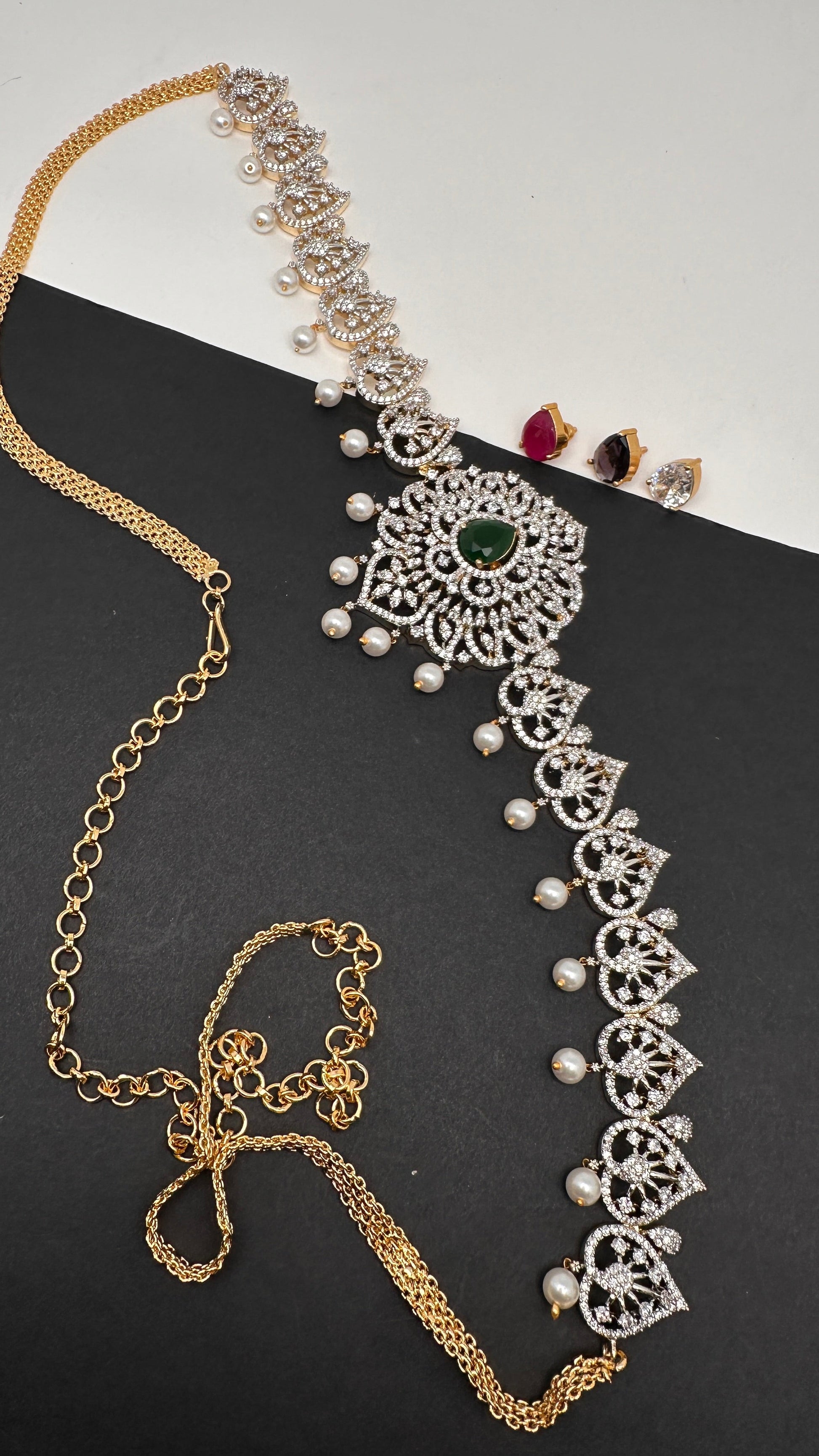AD Peacock Changeable Color Stone Pearls Hip Chain Kamarbandh - 