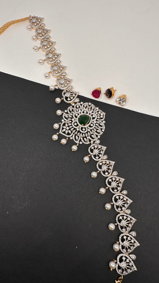 AD Peacock Changeable Color Stone Pearls Hip Chain Kamarbandh - 