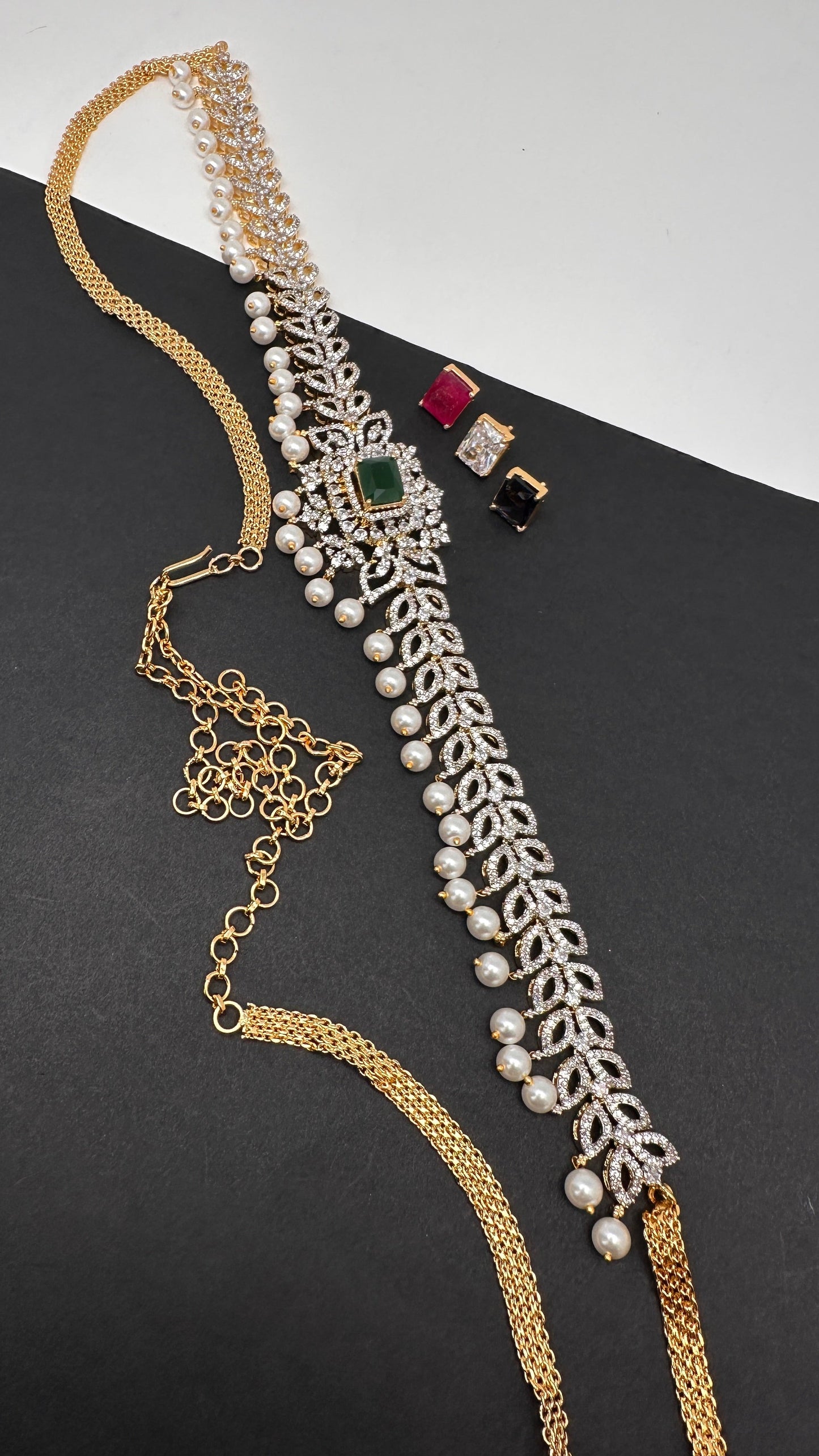 Sleek AD  Changeable Color Stone Pearls Hip Chain Kamarbandh - 