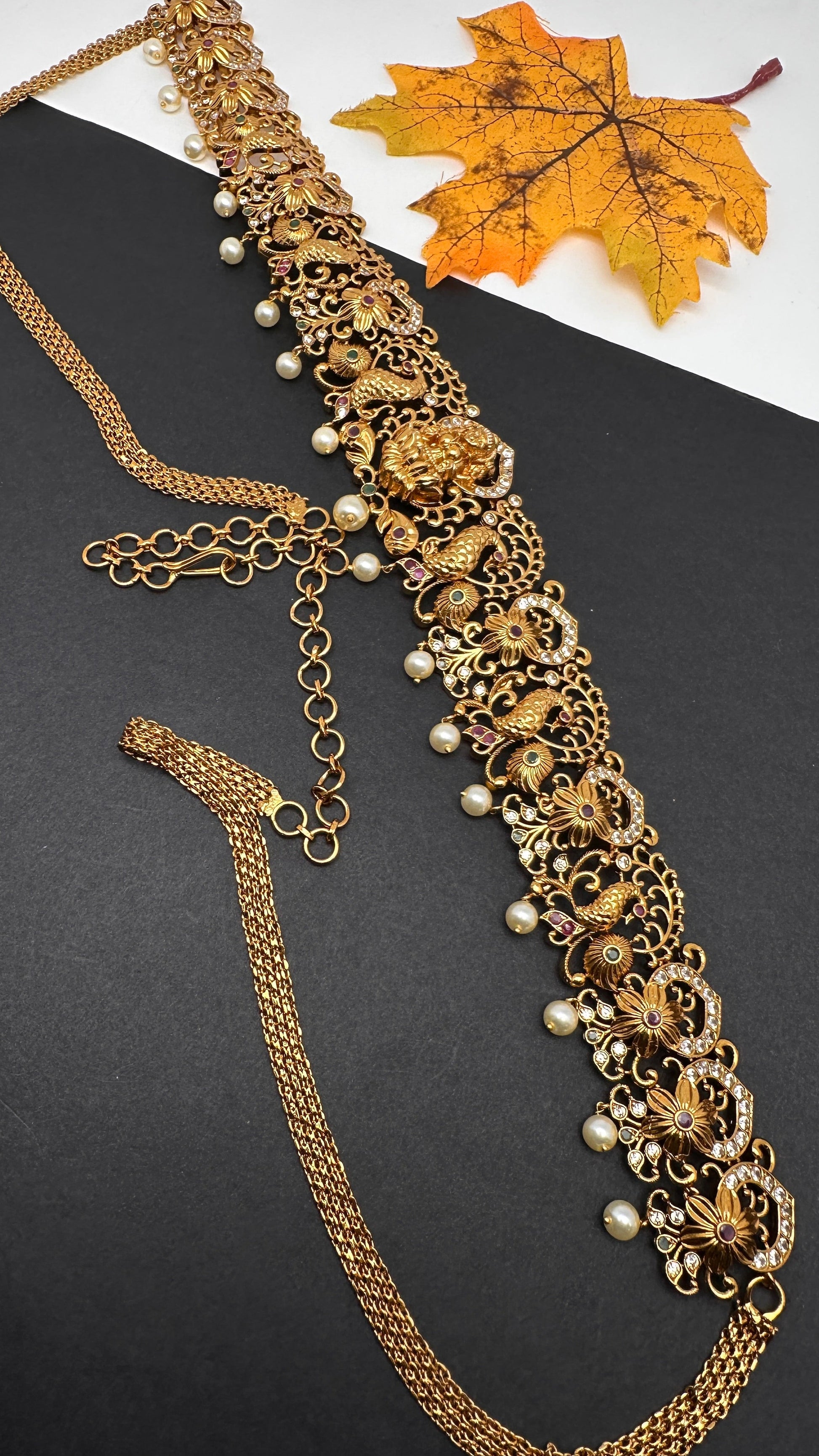 Goddess lakshmi Peacock Nakshi Matte  Hip Chain Kamarbandh - 