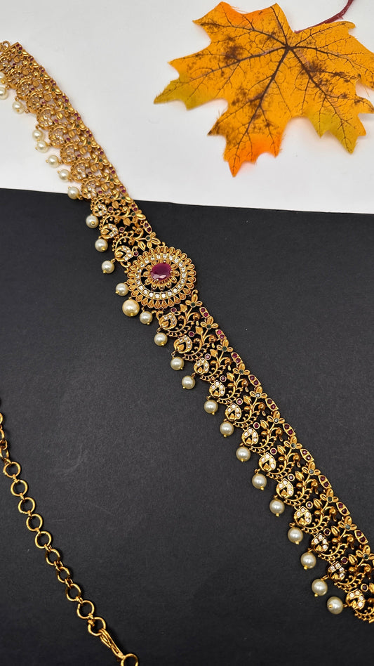 Antique Matte Red Multi Color Hip Chain Kamarbandh - 