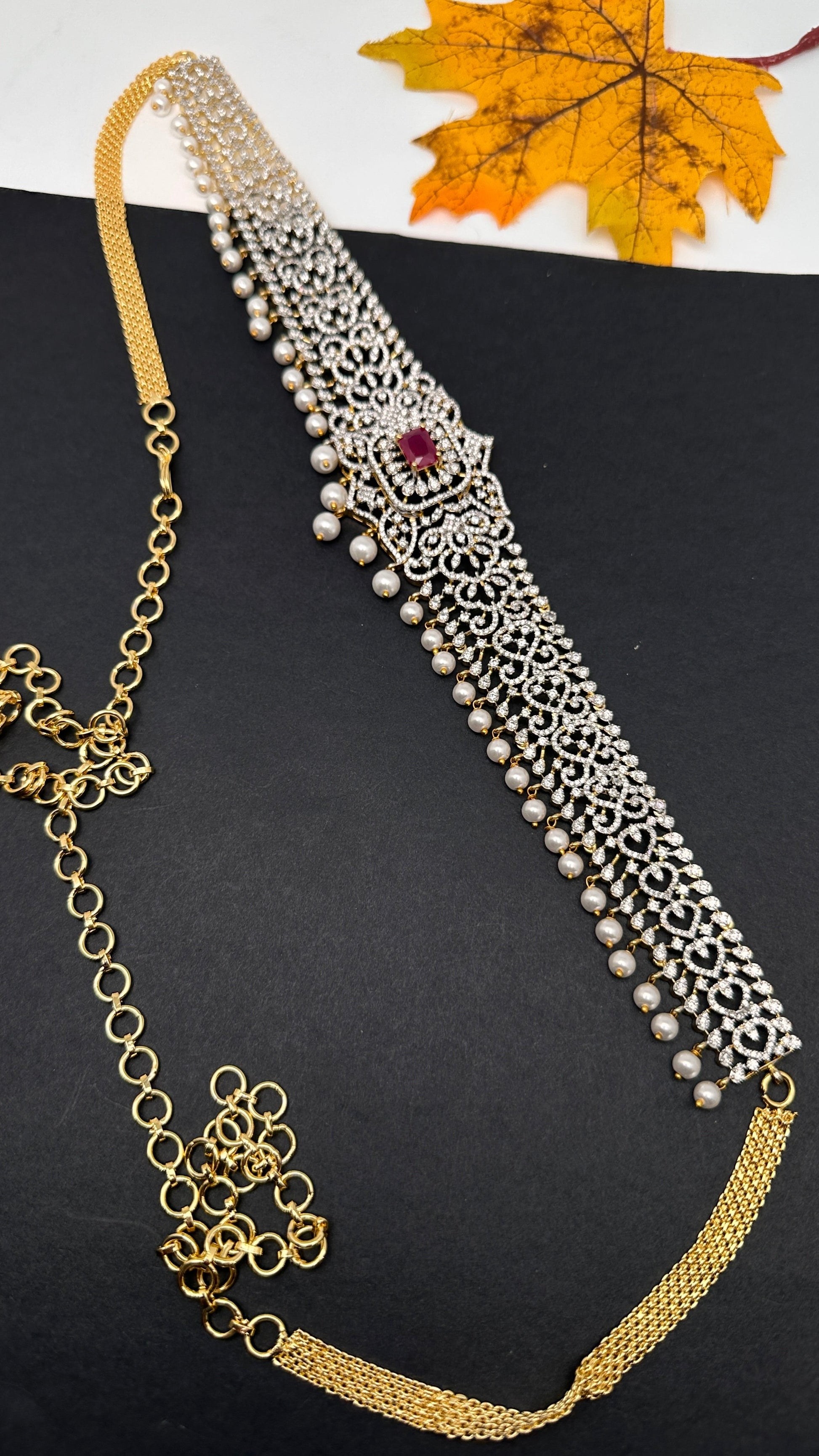 Diamond Finish Hip Chain Belt - Red