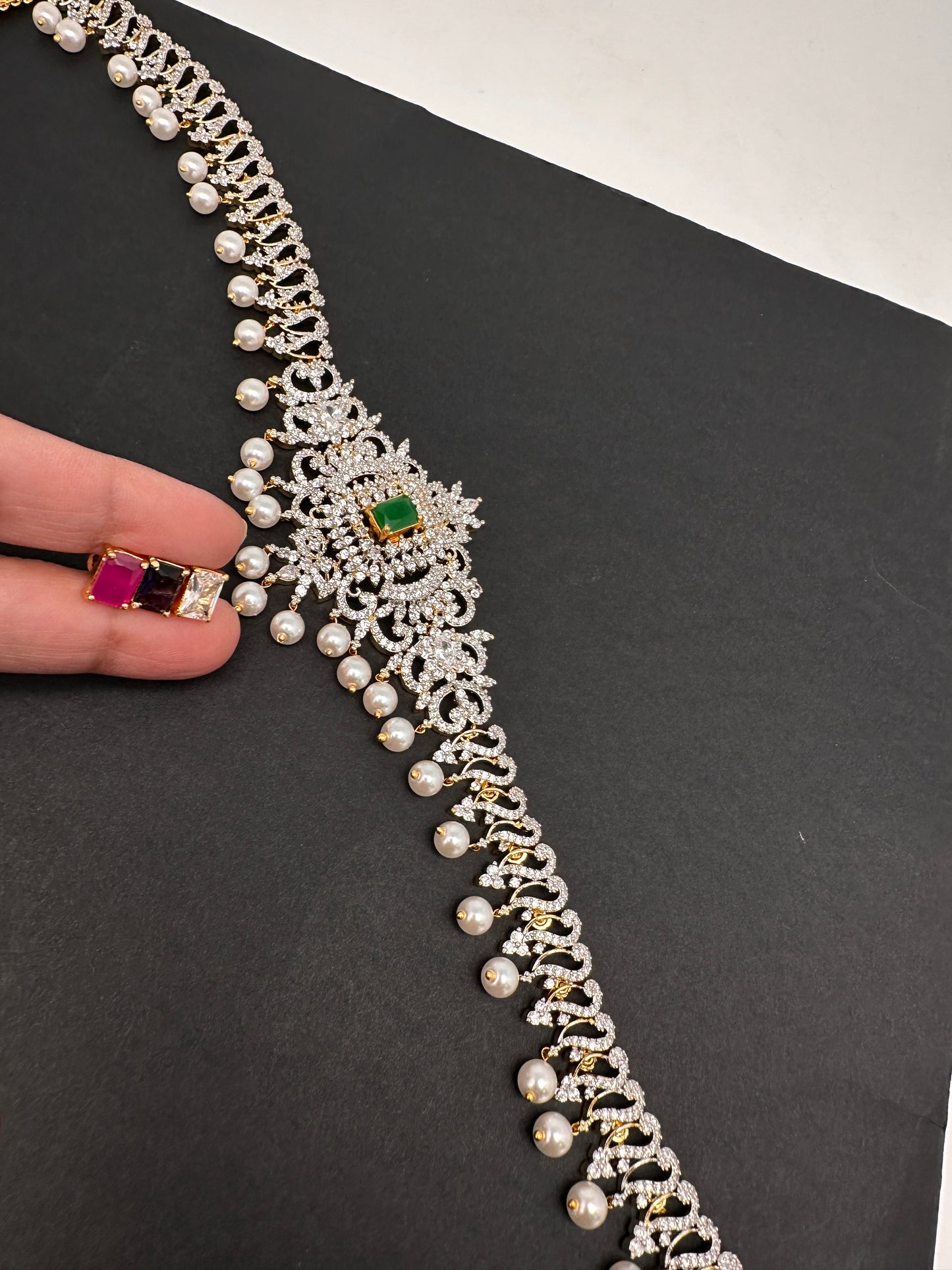 AD Diamond Changeable Color Stone Pearls Hip Chain Kamarbandh - 