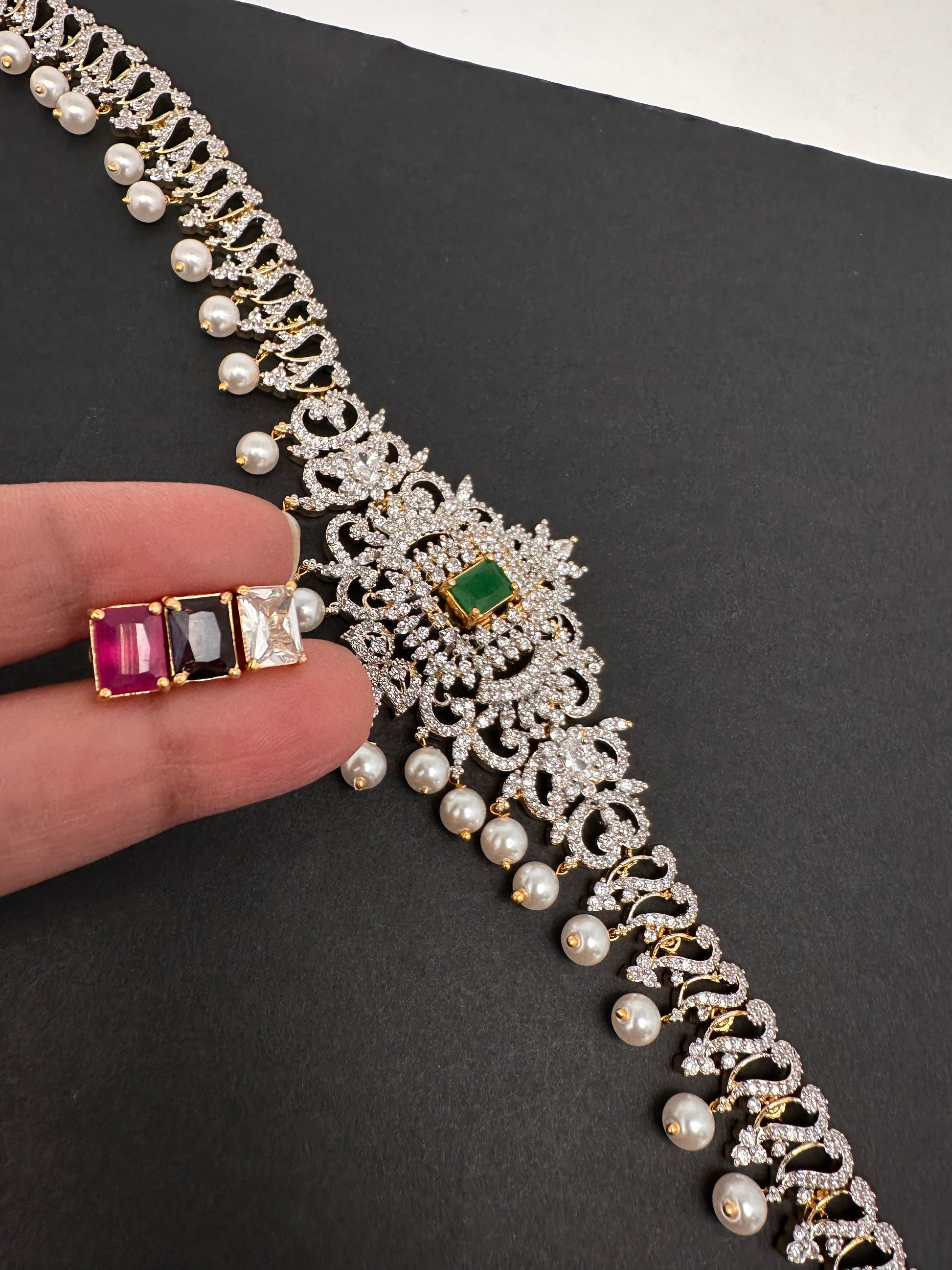 AD Diamond Changeable Color Stone Pearls Hip Chain Kamarbandh - 