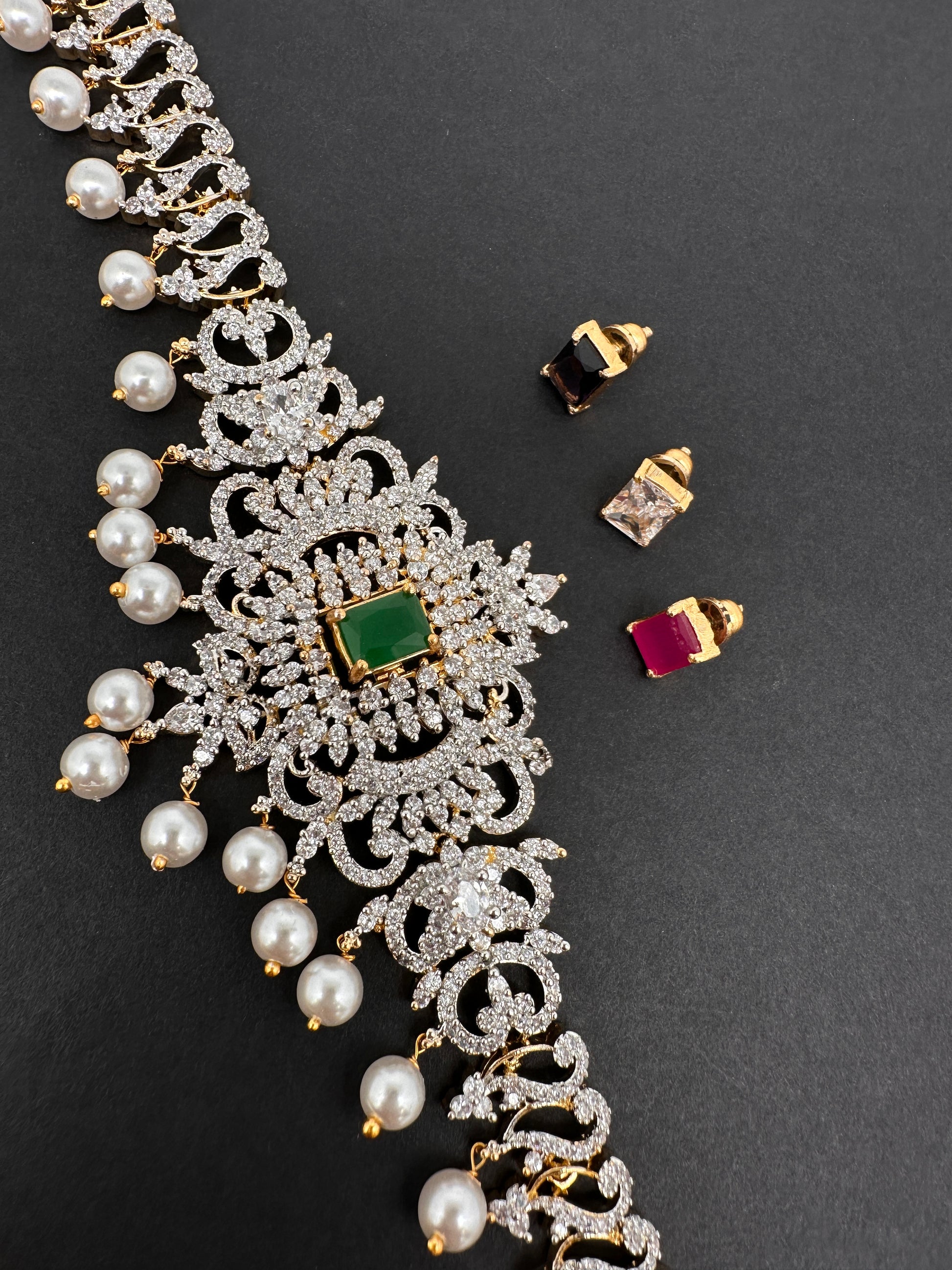 AD Diamond Changeable Color Stone Pearls Hip Chain Kamarbandh - 