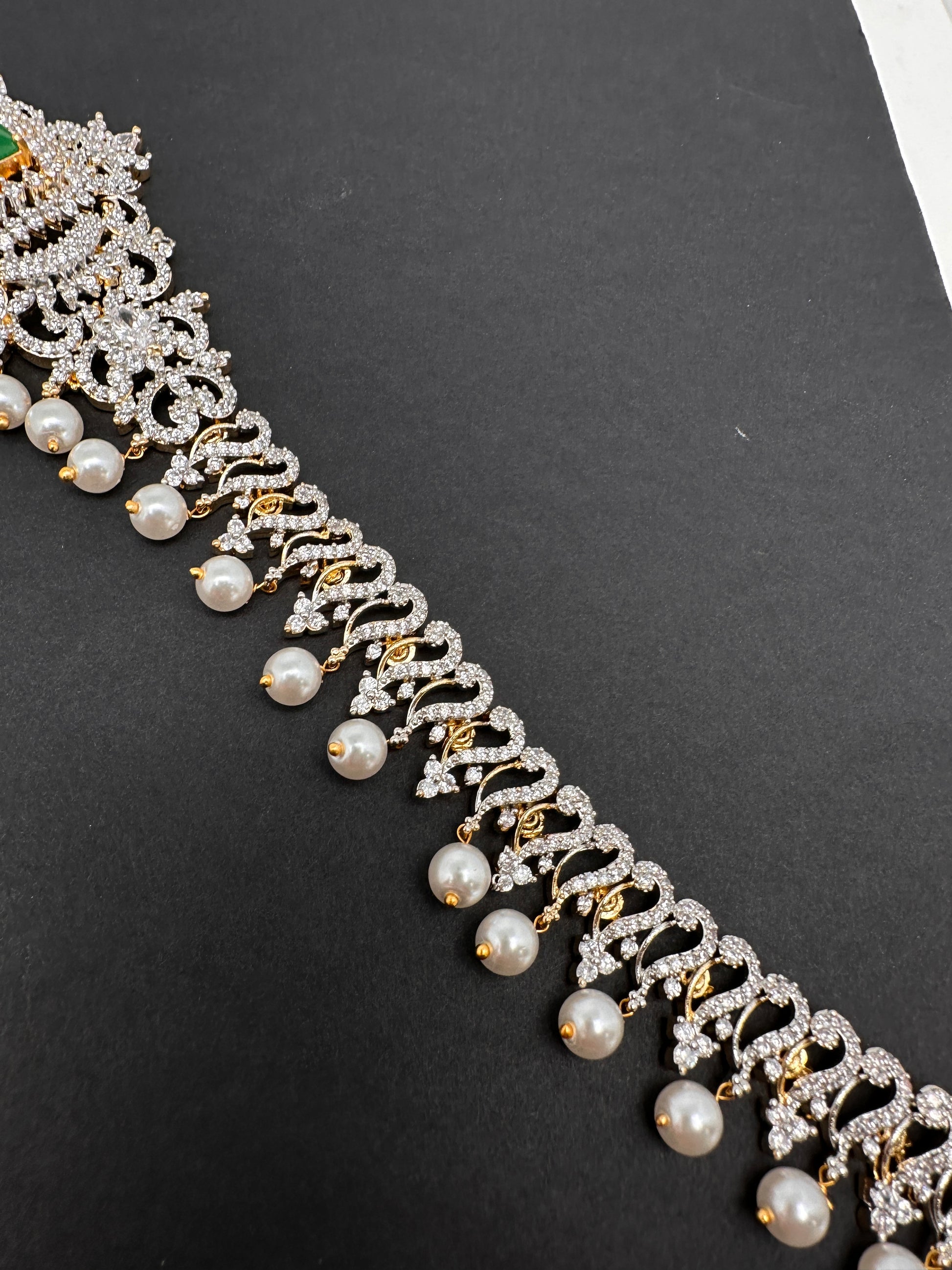 AD Diamond Changeable Color Stone Pearls Hip Chain Kamarbandh - 