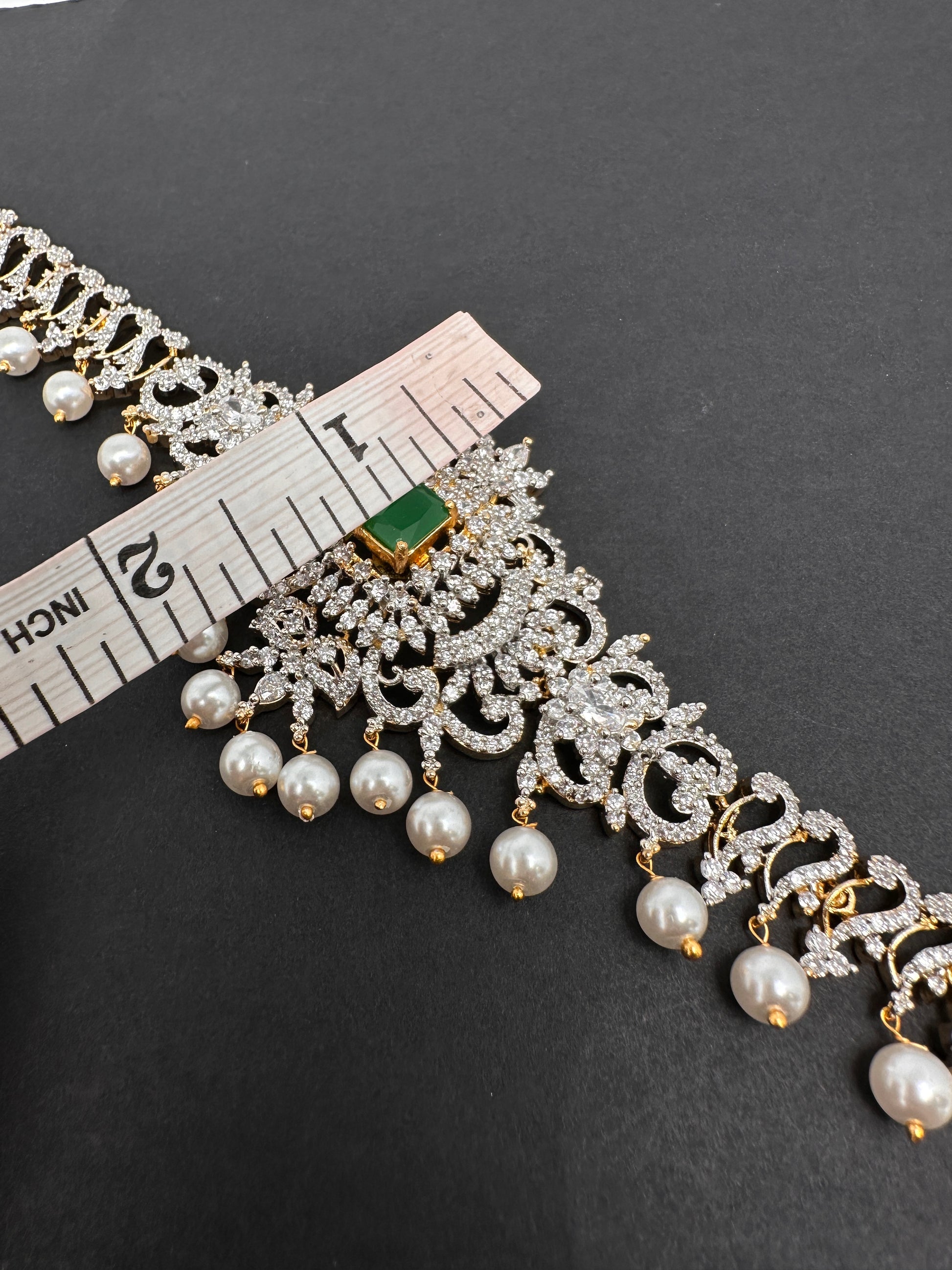 AD Diamond Changeable Color Stone Pearls Hip Chain Kamarbandh - 