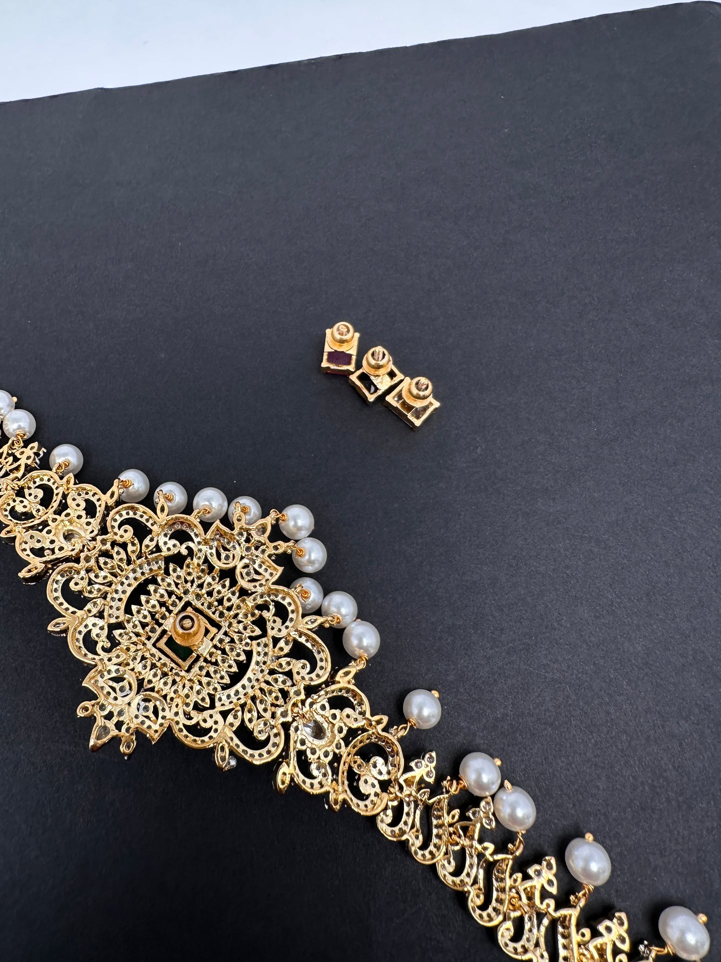 AD Diamond Changeable Color Stone Pearls Hip Chain Kamarbandh - 