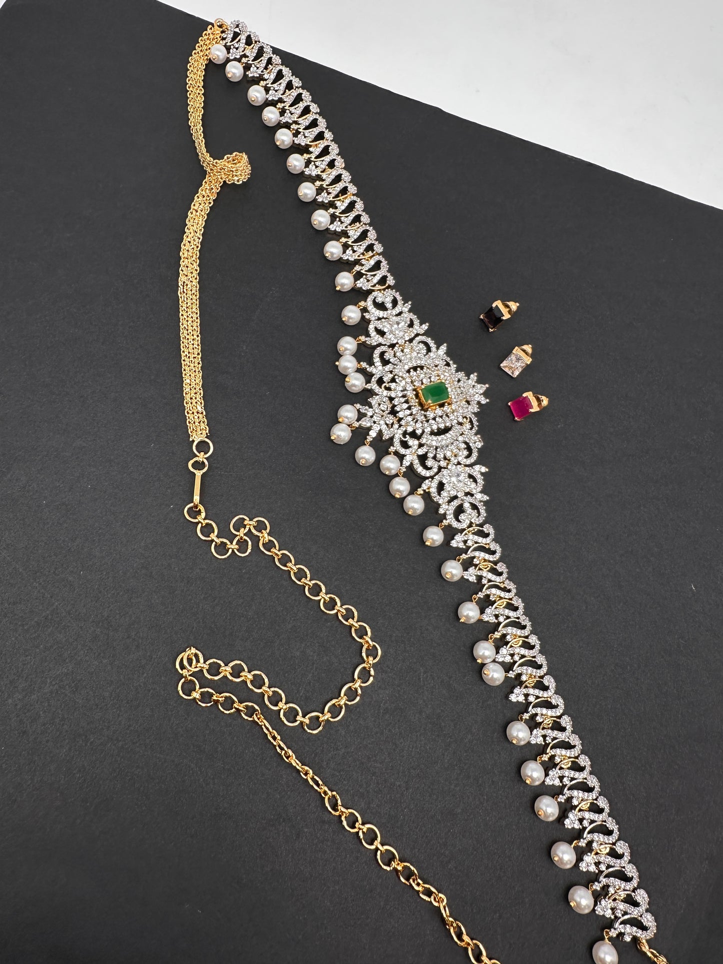 AD Diamond Changeable Color Stone Pearls Hip Chain Kamarbandh - 