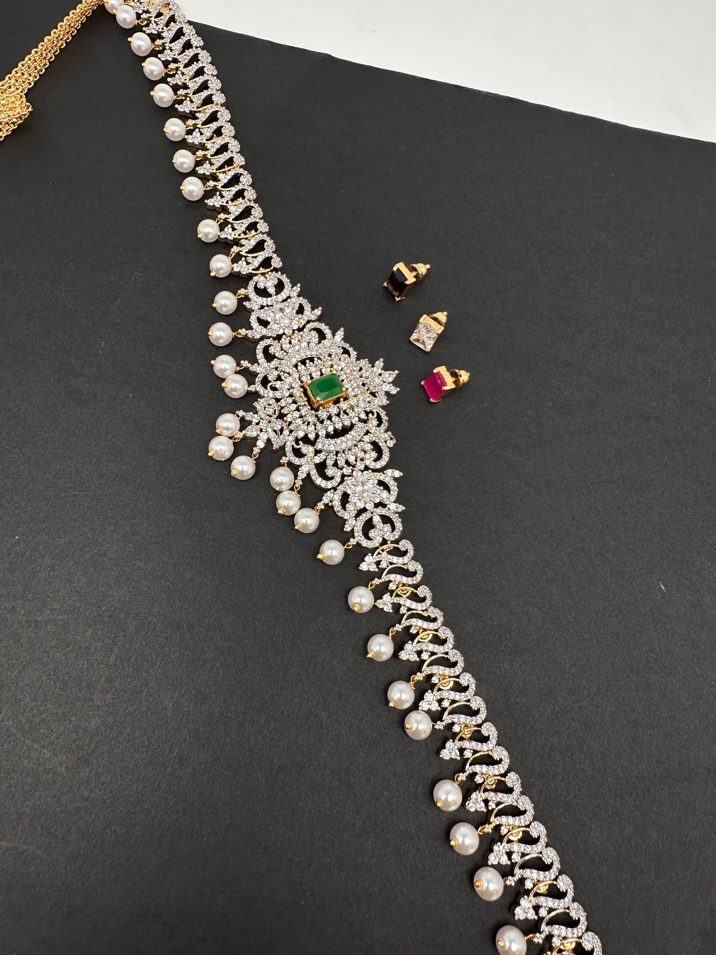 AD Diamond Changeable Color Stone Pearls Hip Chain Kamarbandh - 