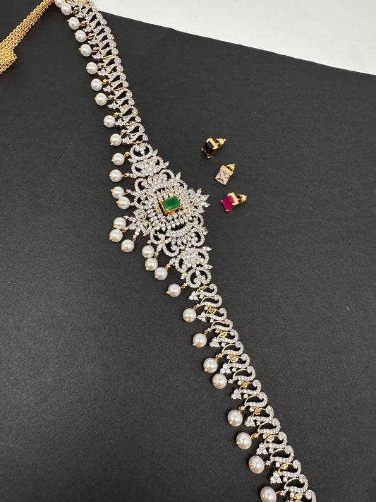 AD Diamond Changeable Color Stone Pearls Hip Chain Kamarbandh - 