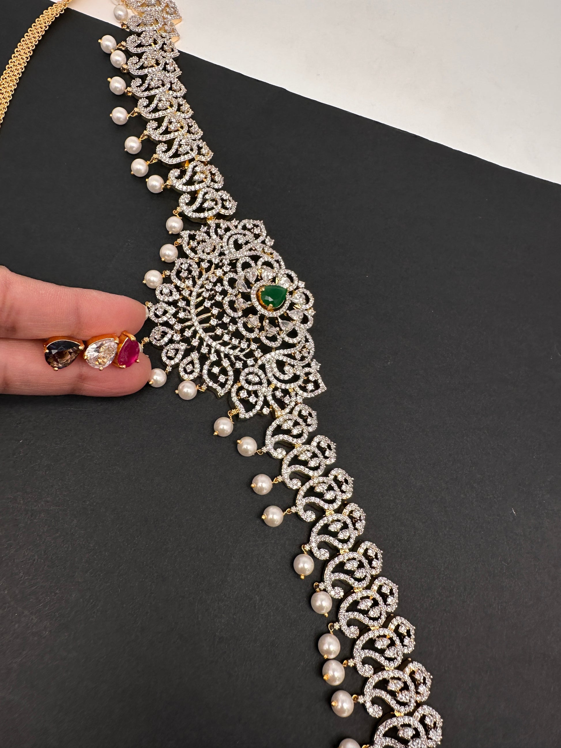 AD Diamond Changeable Color Stone Pearls Hip Chain Kamarbandh - 
