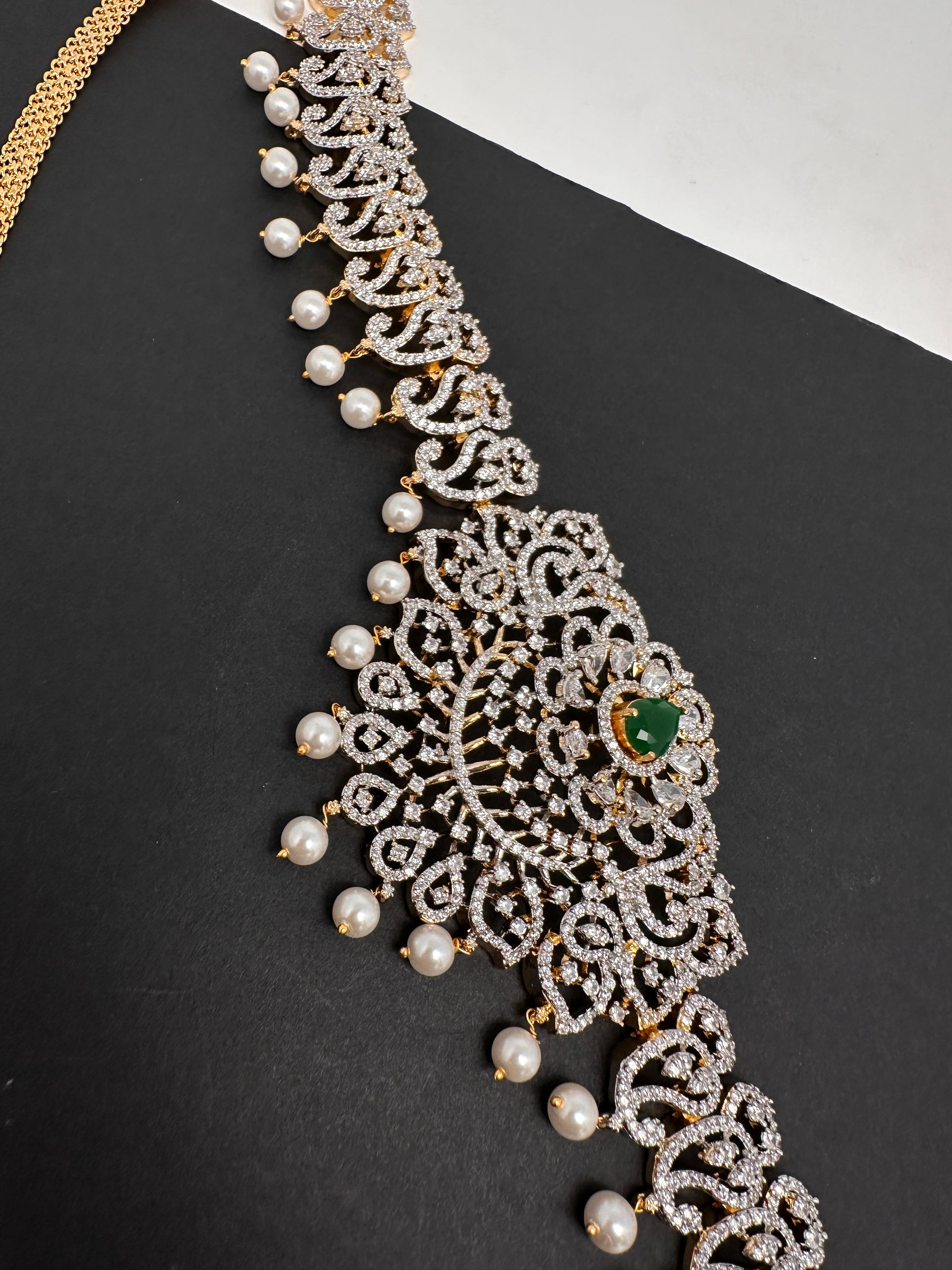 AD Diamond Changeable Color Stone Pearls Hip Chain Kamarbandh - 