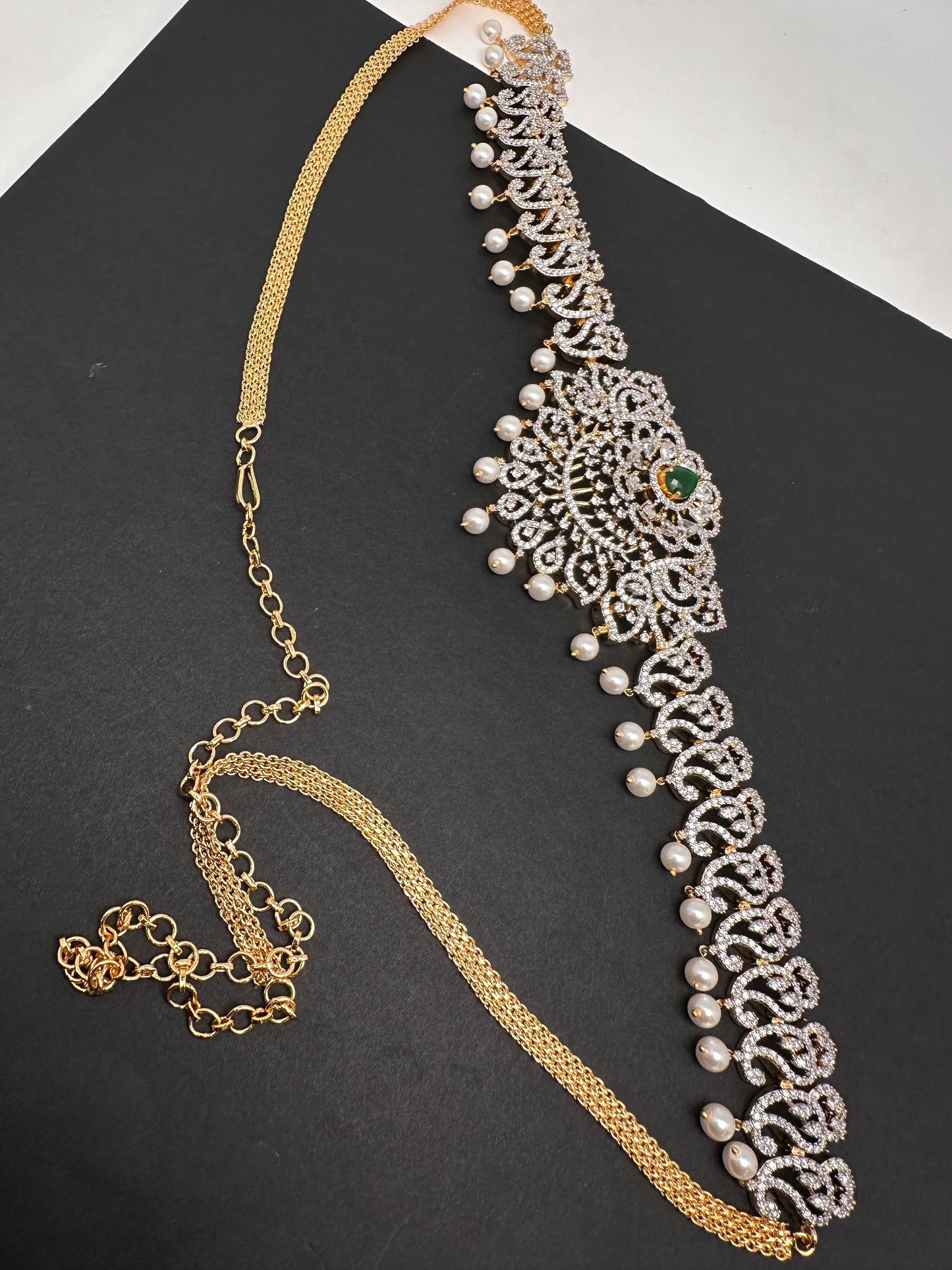 AD Diamond Changeable Color Stone Pearls Hip Chain Kamarbandh - 