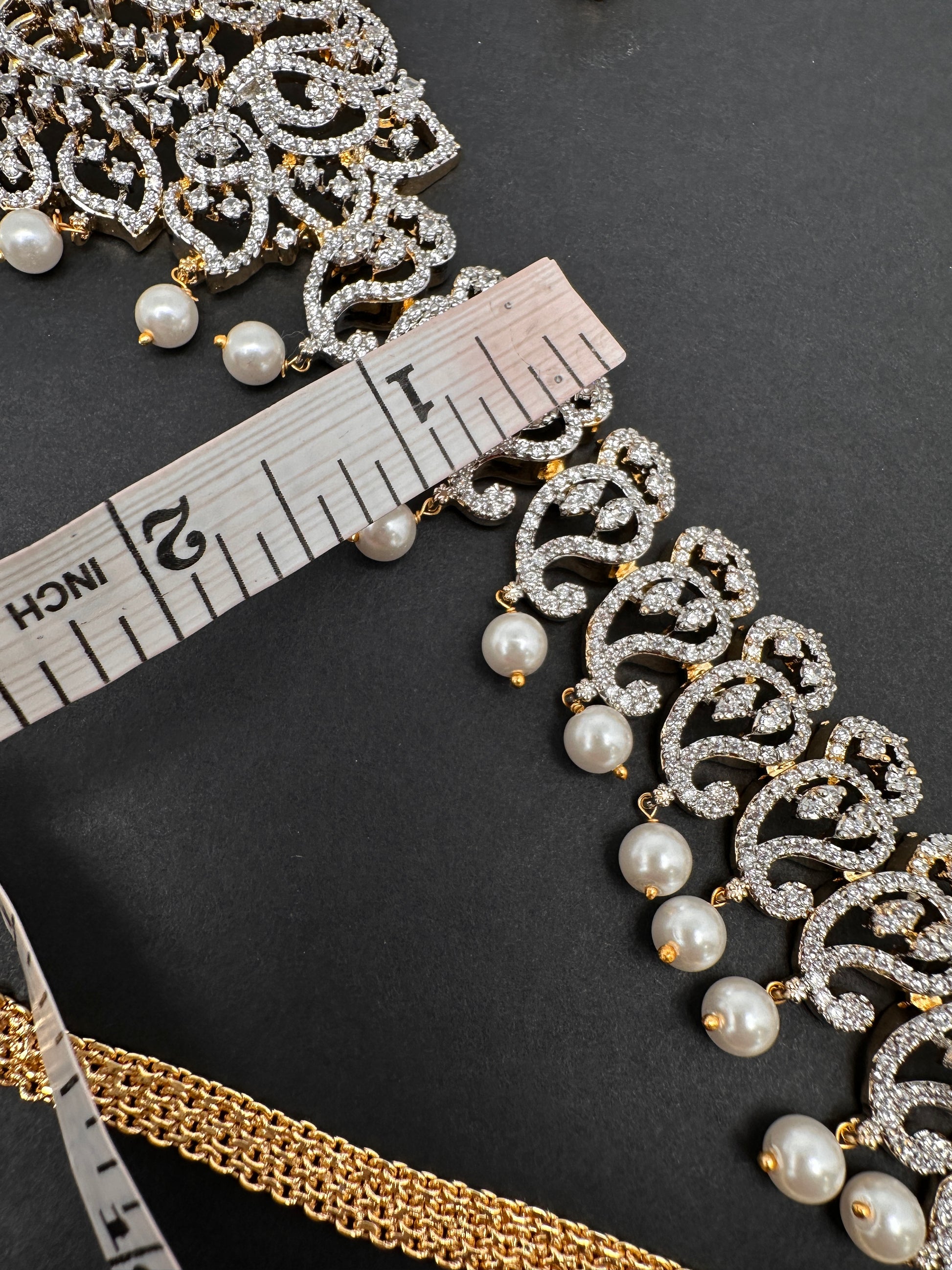 AD Diamond Changeable Color Stone Pearls Hip Chain Kamarbandh - 