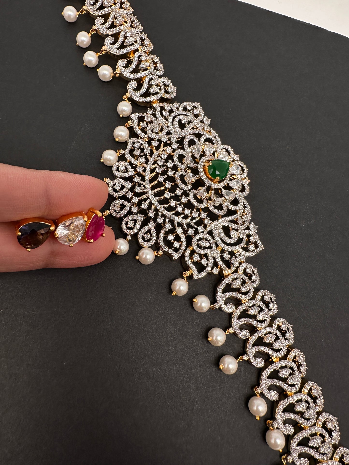 AD Diamond Changeable Color Stone Pearls Hip Chain Kamarbandh - 