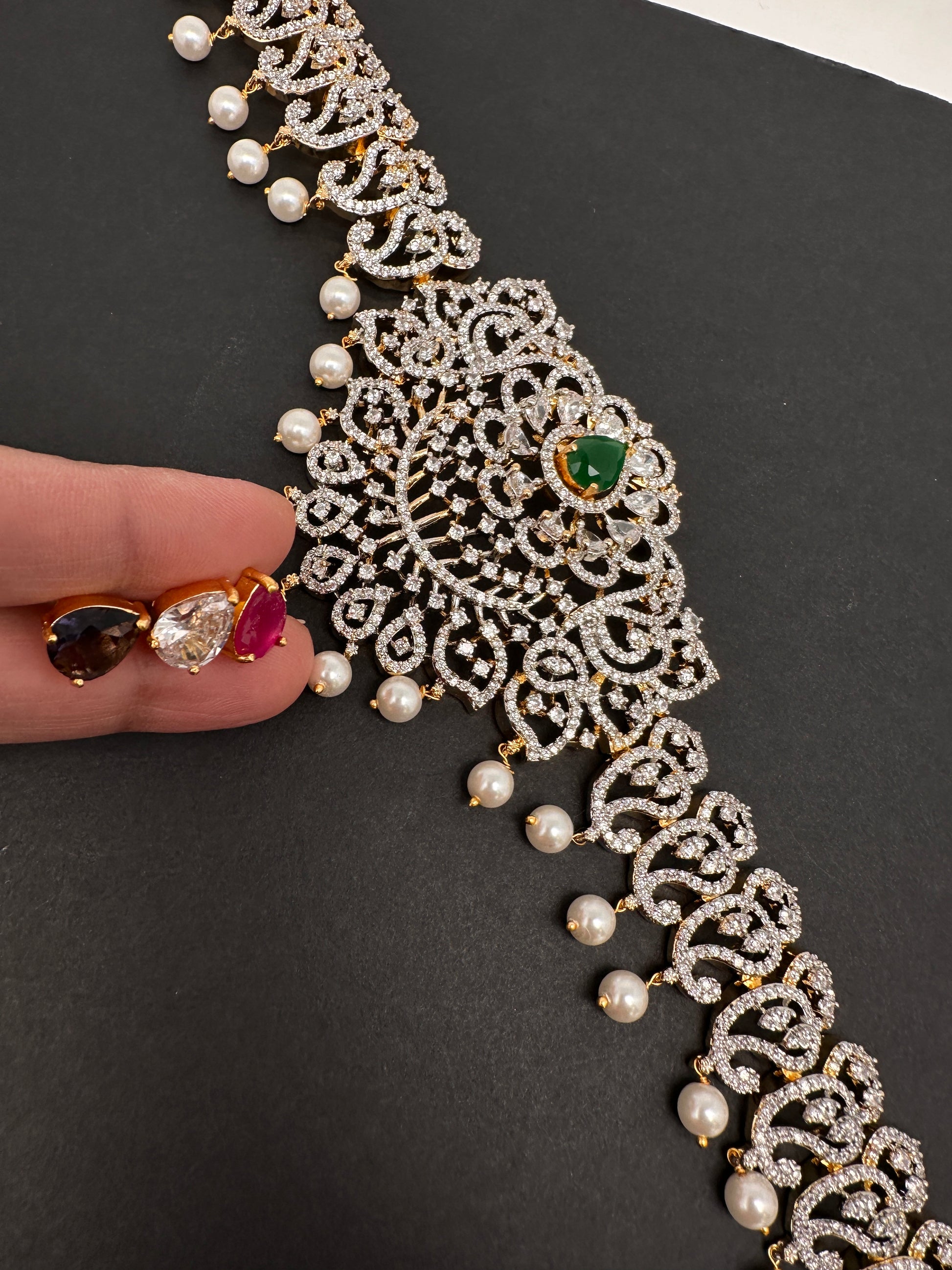 AD Diamond Changeable Color Stone Pearls Hip Chain Kamarbandh - 
