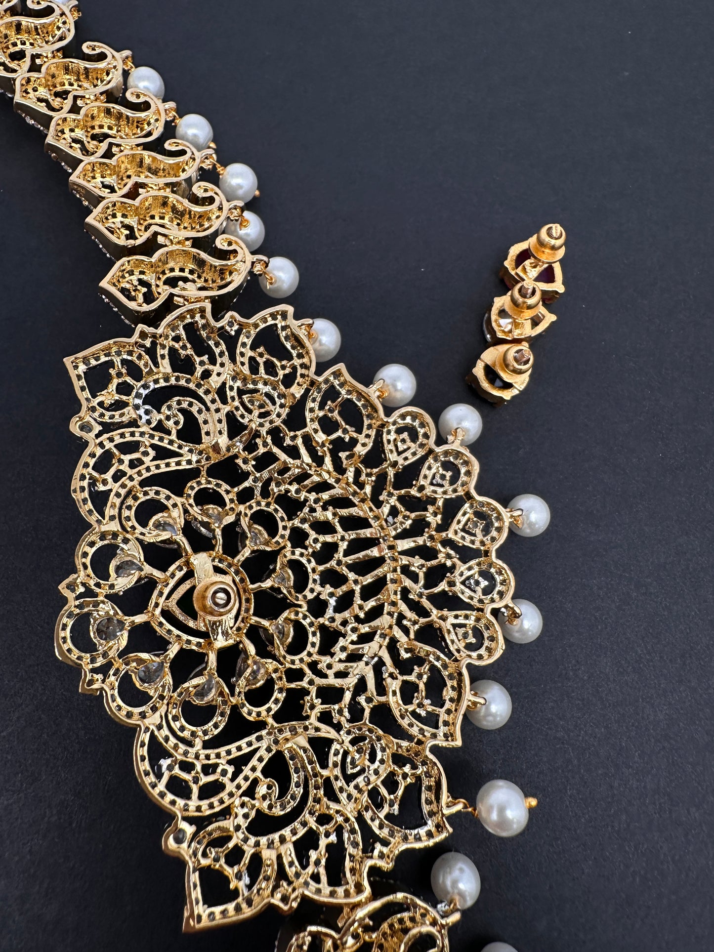 AD Diamond Changeable Color Stone Pearls Hip Chain Kamarbandh - 