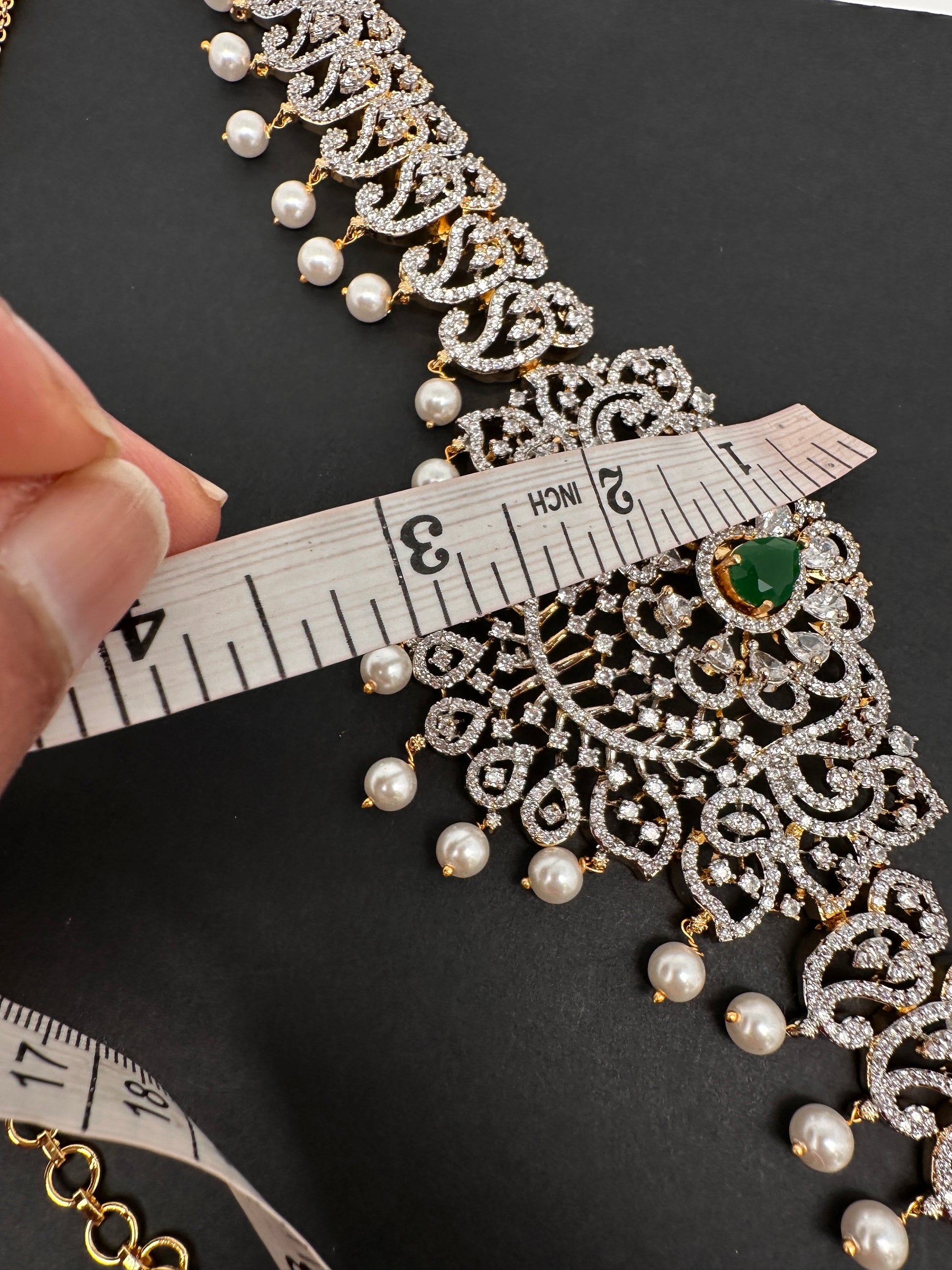 AD Diamond Changeable Color Stone Pearls Hip Chain Kamarbandh - 