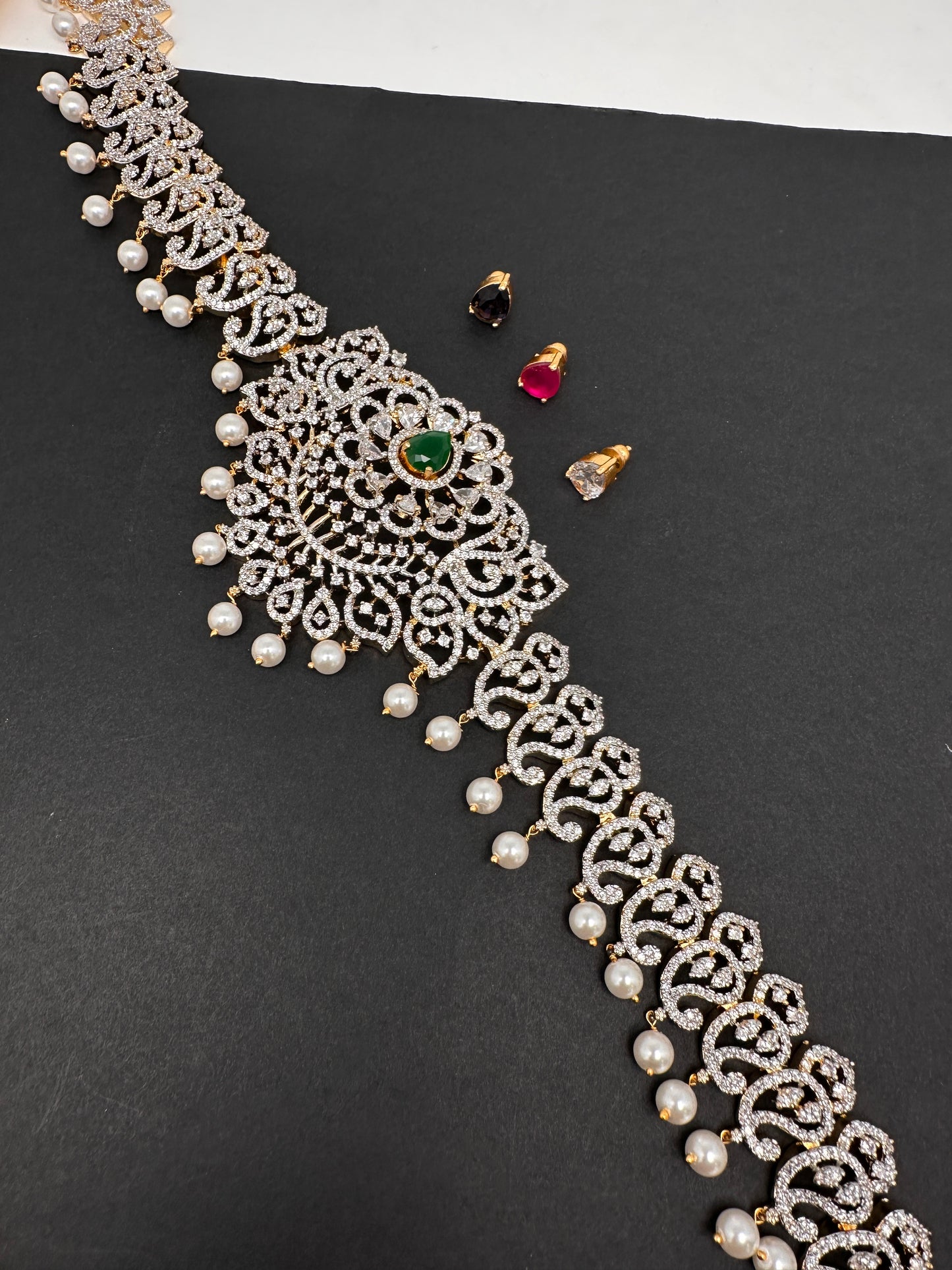AD Diamond Changeable Color Stone Pearls Hip Chain Kamarbandh - 