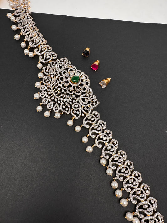 AD Diamond Changeable Color Stone Pearls Hip Chain Kamarbandh - 