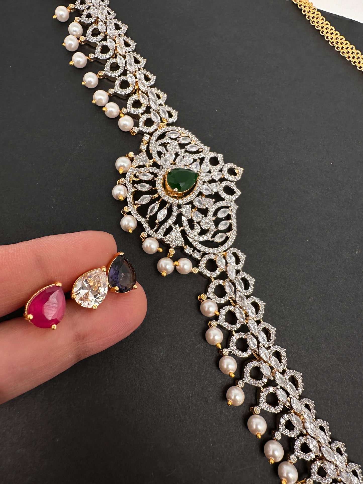 Sleek AD Diamond Changeable Color Stone Pearls Hip Chain Kamarbandh - 