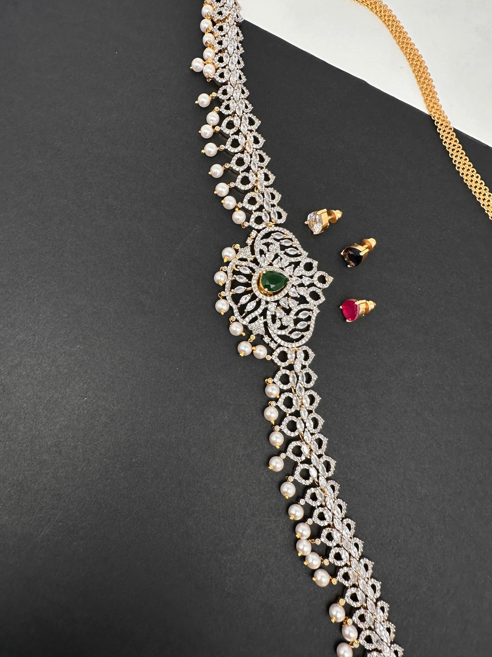 Sleek AD Diamond Changeable Color Stone Pearls Hip Chain Kamarbandh - 