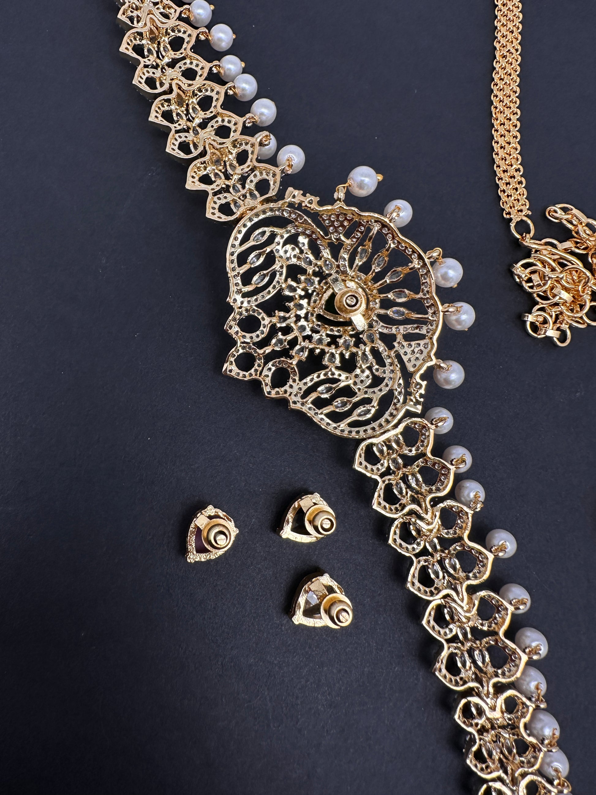 Sleek AD Diamond Changeable Color Stone Pearls Hip Chain Kamarbandh - 