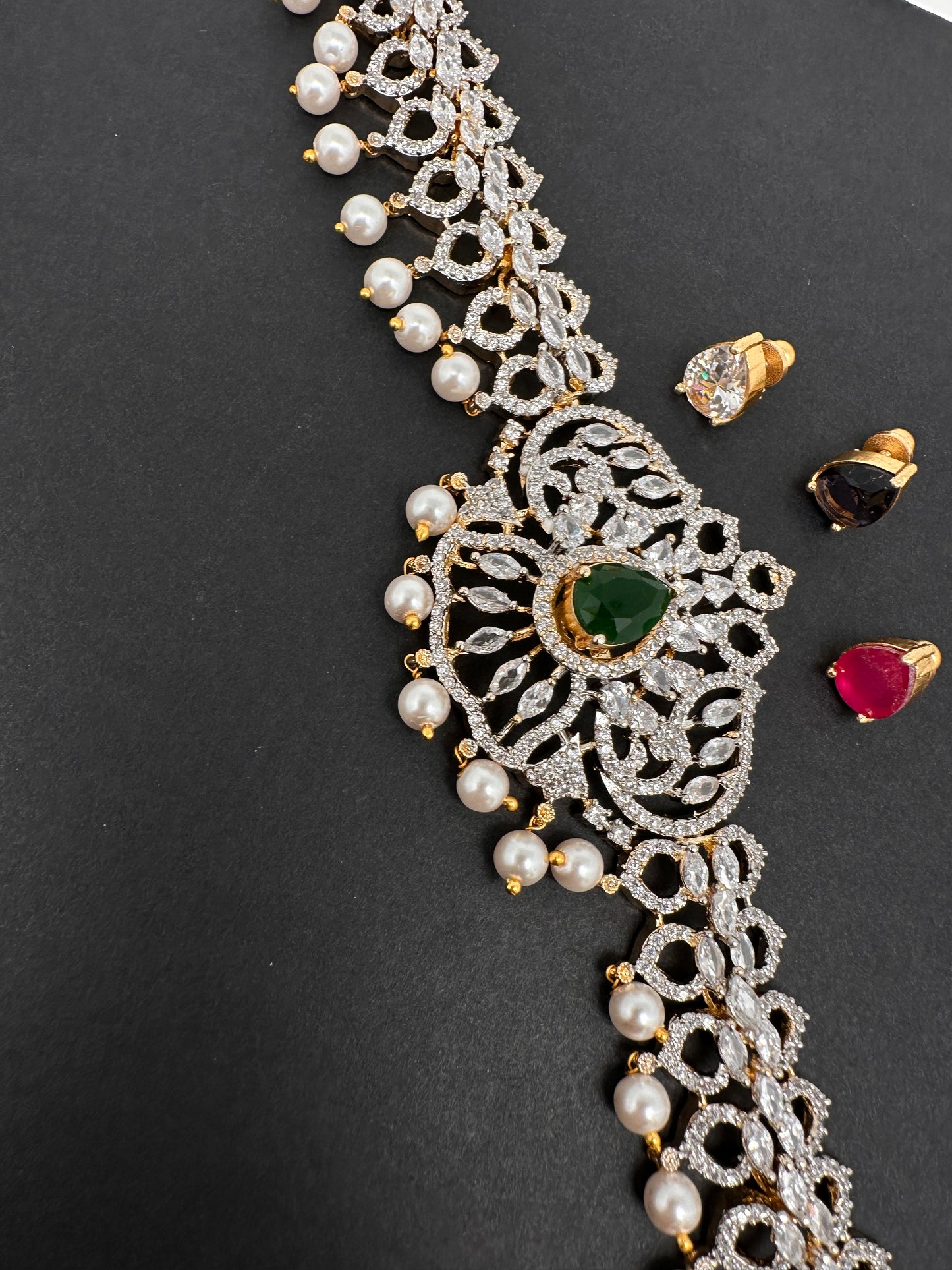 Sleek AD Diamond Changeable Color Stone Pearls Hip Chain Kamarbandh - 