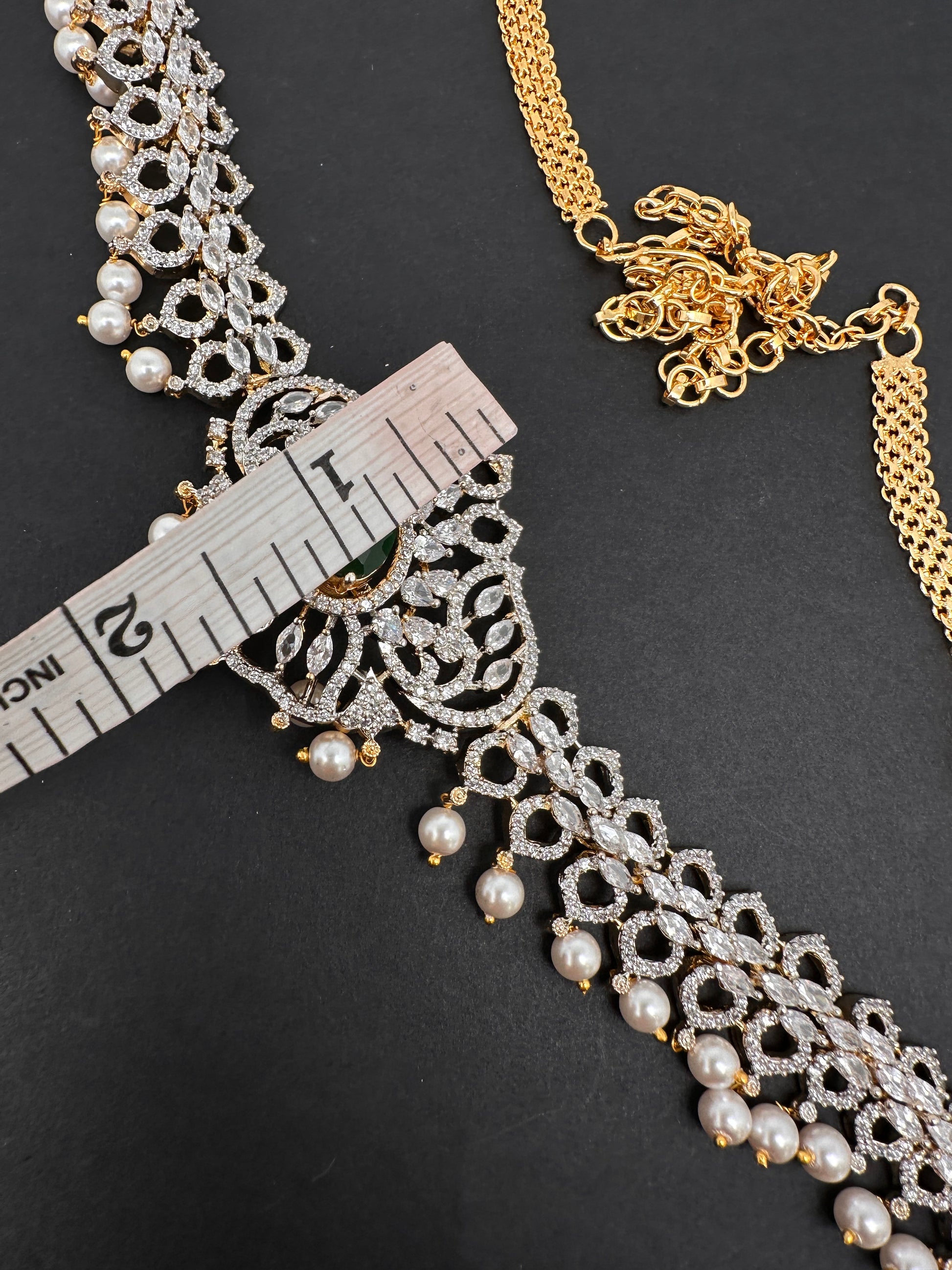 Sleek AD Diamond Changeable Color Stone Pearls Hip Chain Kamarbandh - 