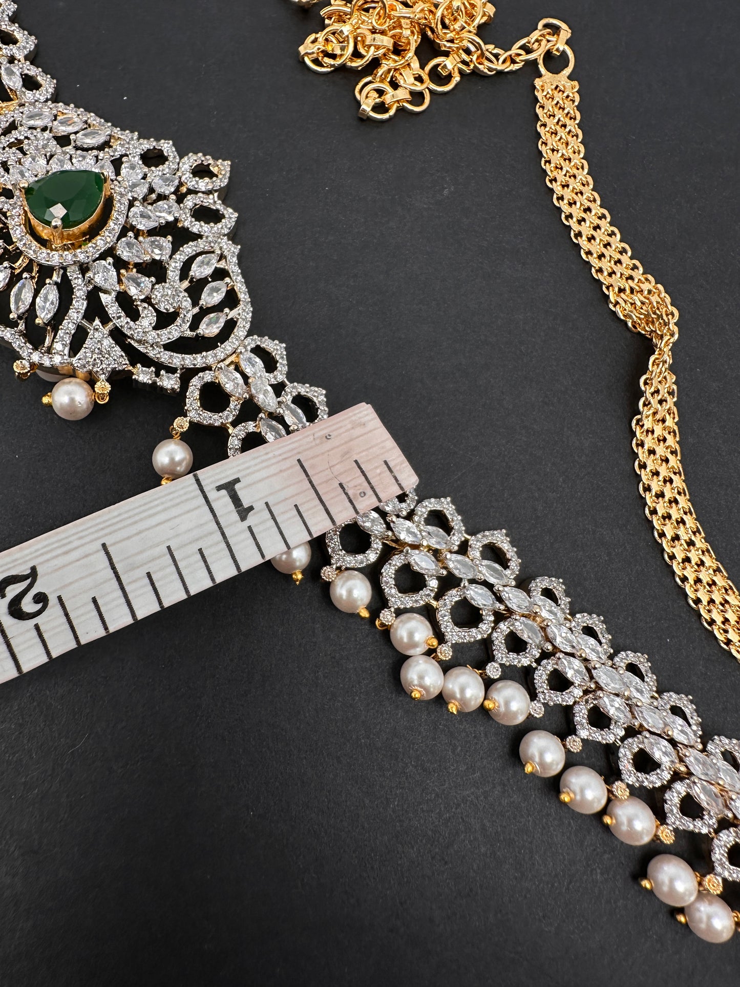 Sleek AD Diamond Changeable Color Stone Pearls Hip Chain Kamarbandh - 