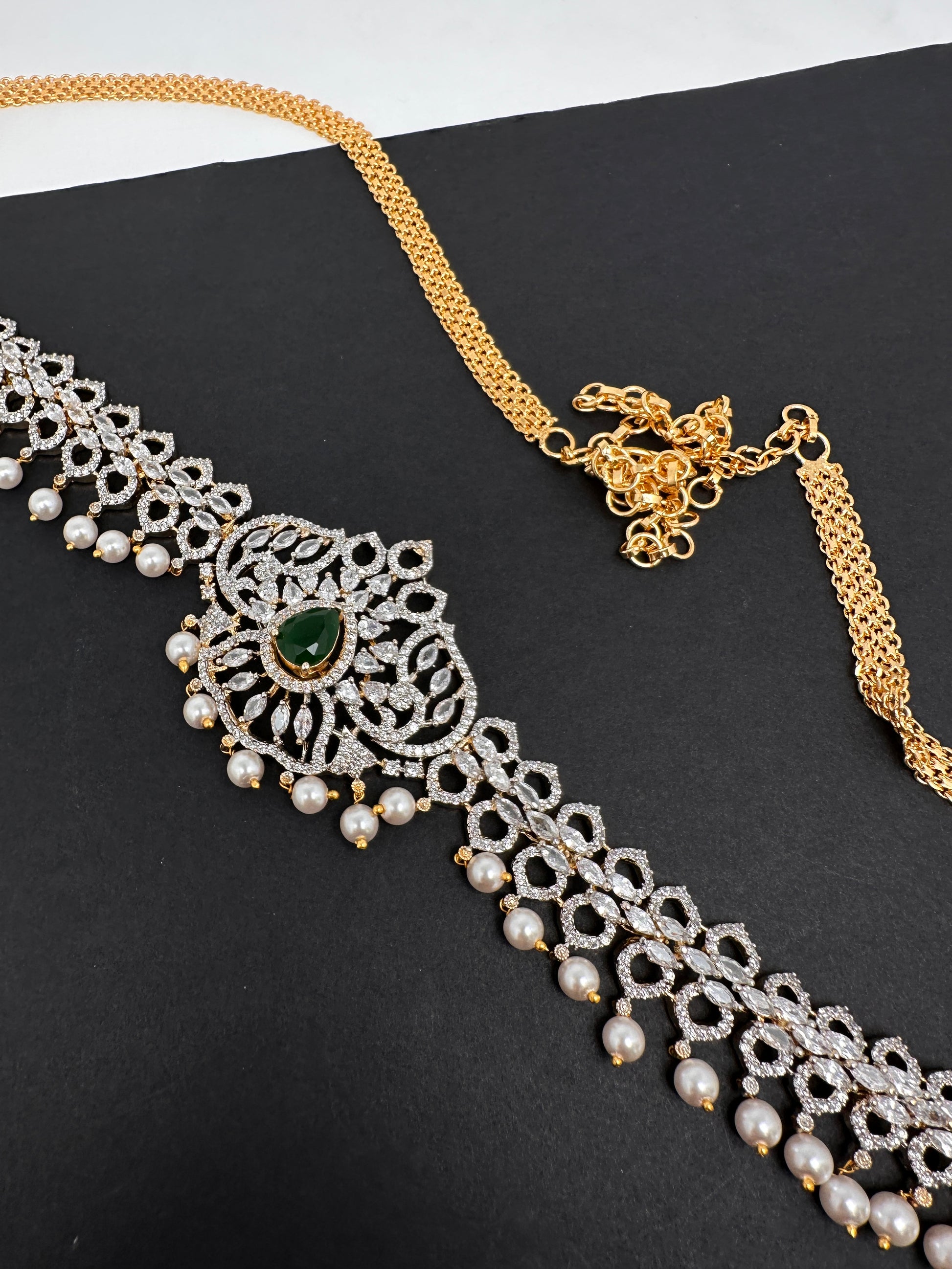 Sleek AD Diamond Changeable Color Stone Pearls Hip Chain Kamarbandh - 