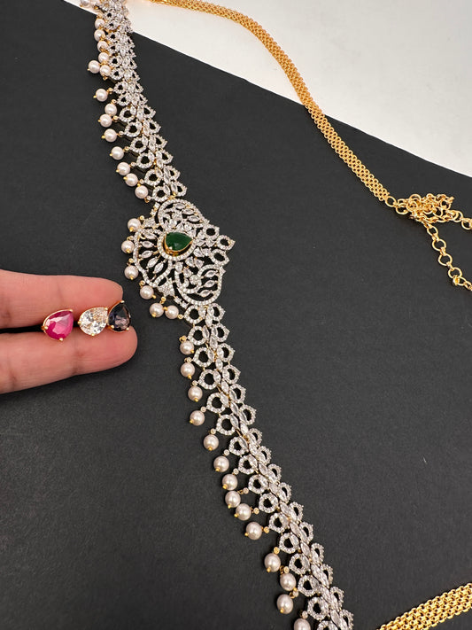 Sleek AD Diamond Changeable Color Stone Pearls Hip Chain Kamarbandh - 