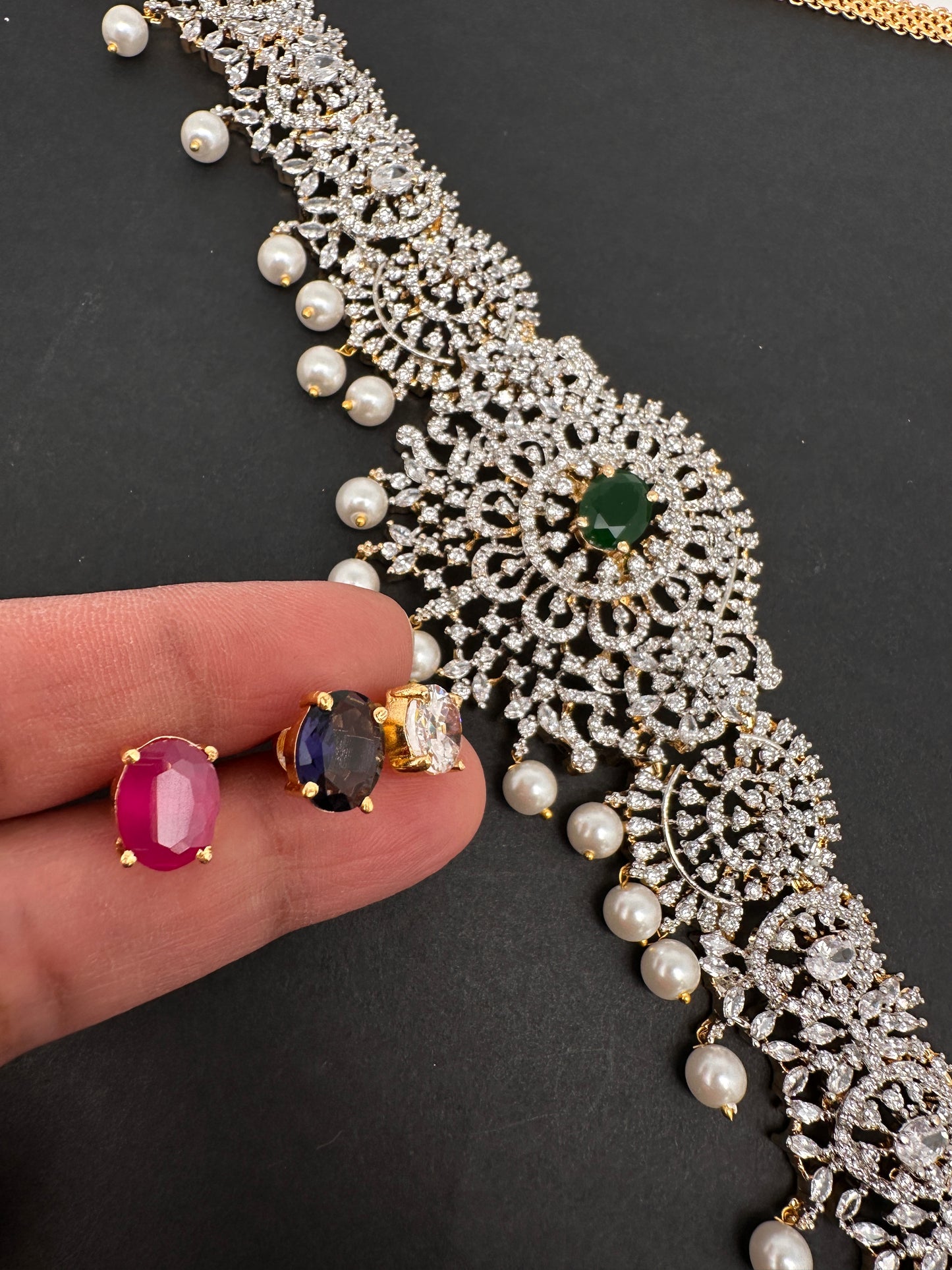 AD Diamond Changeable Color Stone Pearls Hip Chain Kamarbandh - 